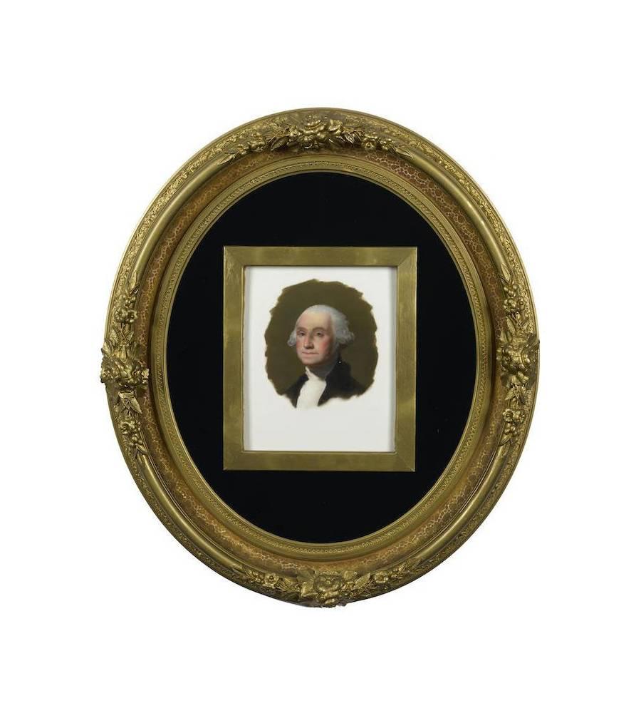 A fine pair of Continental 19th century porcelain plaques each depicting George Washington, the first President of the United States and his wife Martha Washington within an ornate Victorian oval giltwood and gesso decorated frames. The back