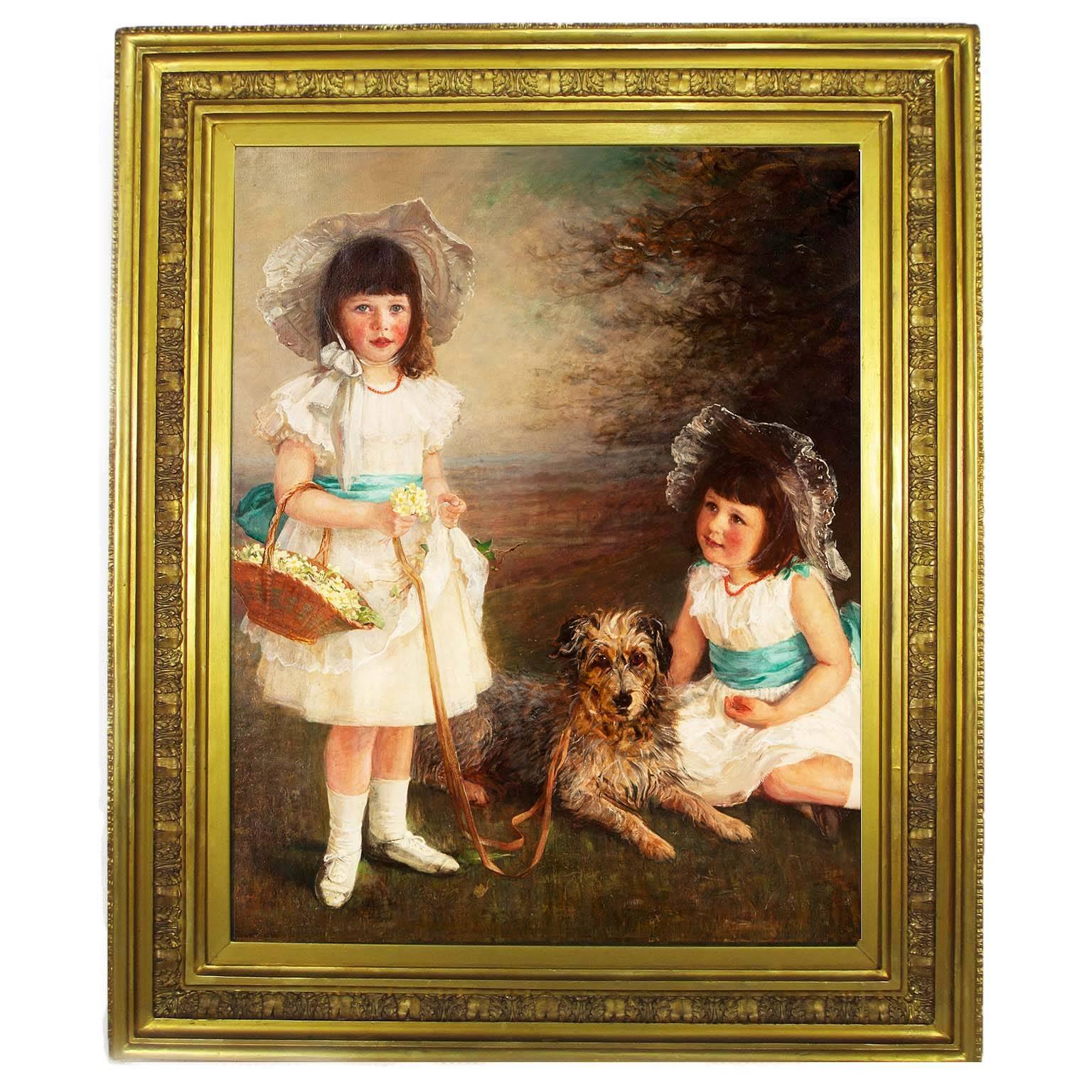 A very fine, charming and large American 19th century oil on canvas titled 