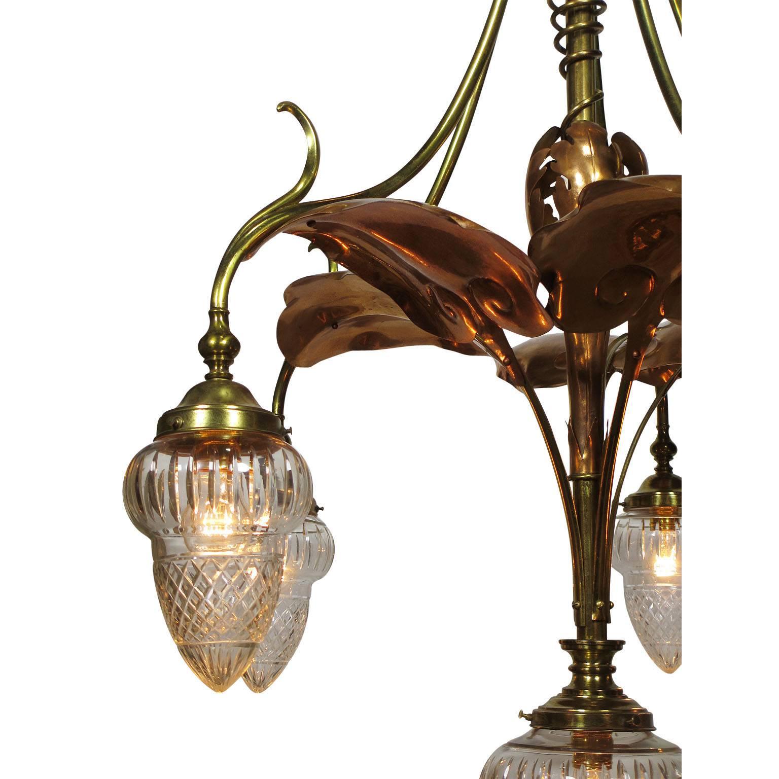 English Art Nouveau Arts & Crafts Movement 6-Light Chandeldeier, Prob. by W.A.S. Benson