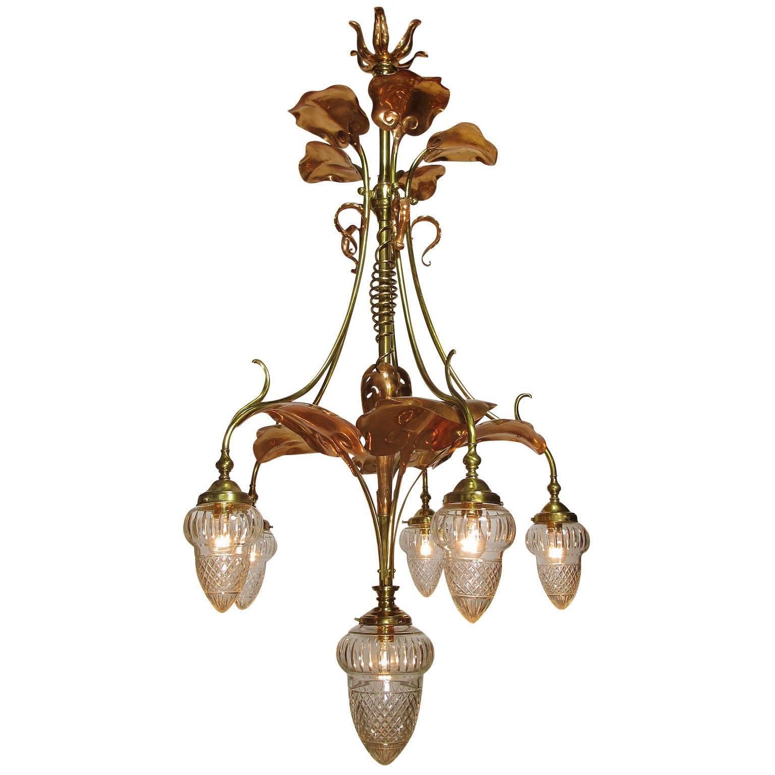 Art Nouveau Arts & Crafts Movement 6-Light Chandeldeier, Prob. by W.A.S. Benson In Good Condition In Los Angeles, CA