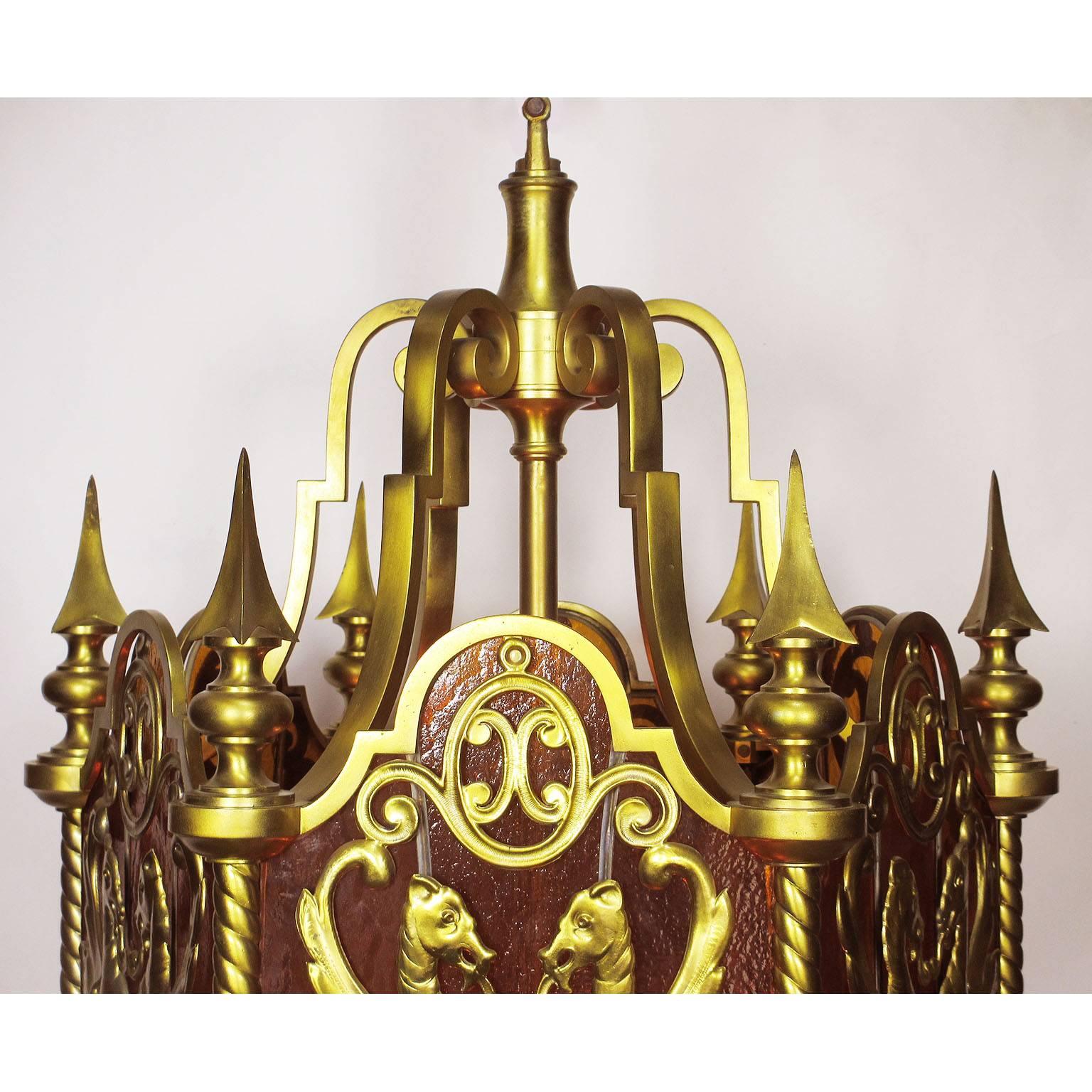 French 19th-20th Century Neoclassical Style Gilt Bronze Figural Hanging Lantern For Sale 1