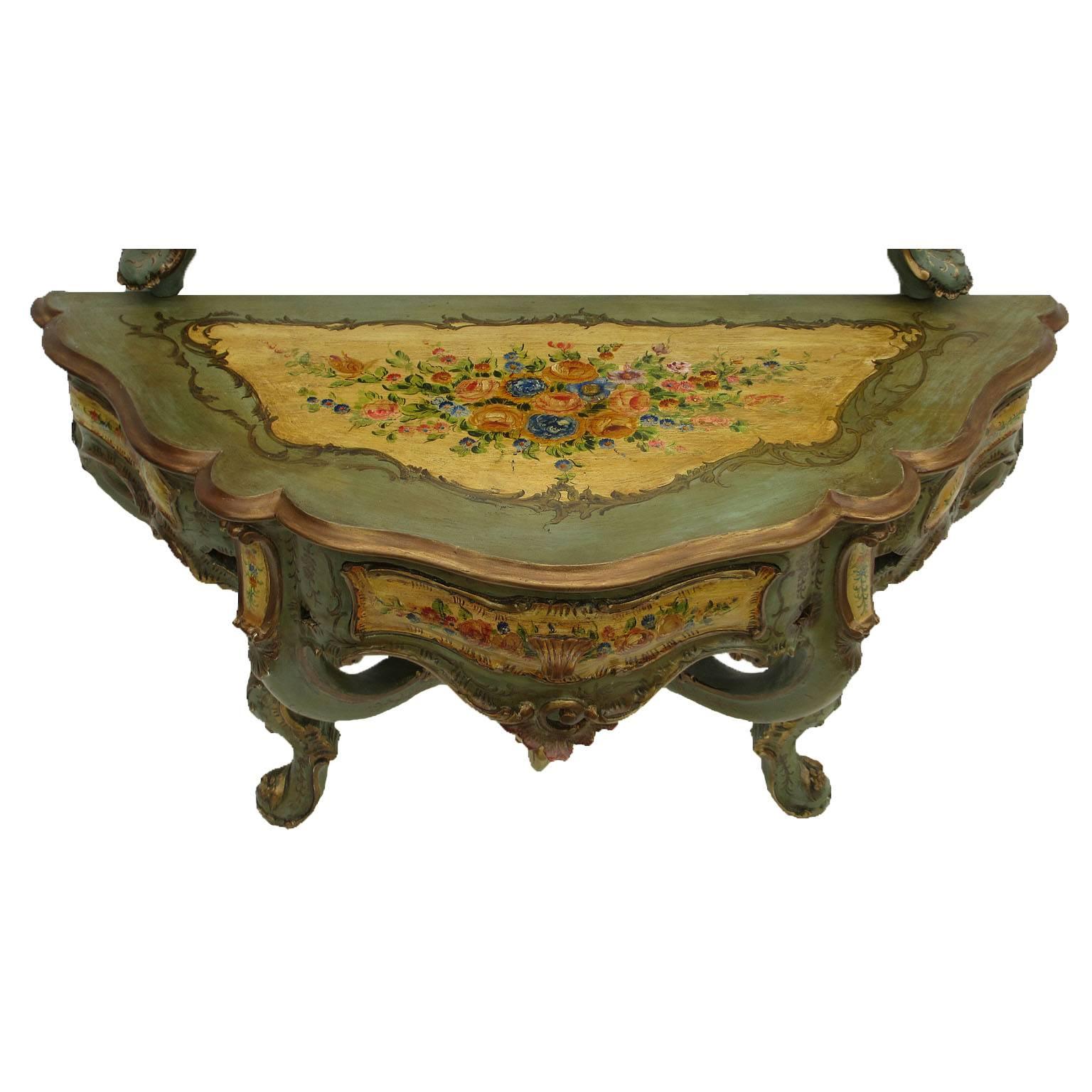 Rare Italian 19th-20th Century Polychrome Painted Carved Wood Console and Mirror In Good Condition For Sale In Los Angeles, CA