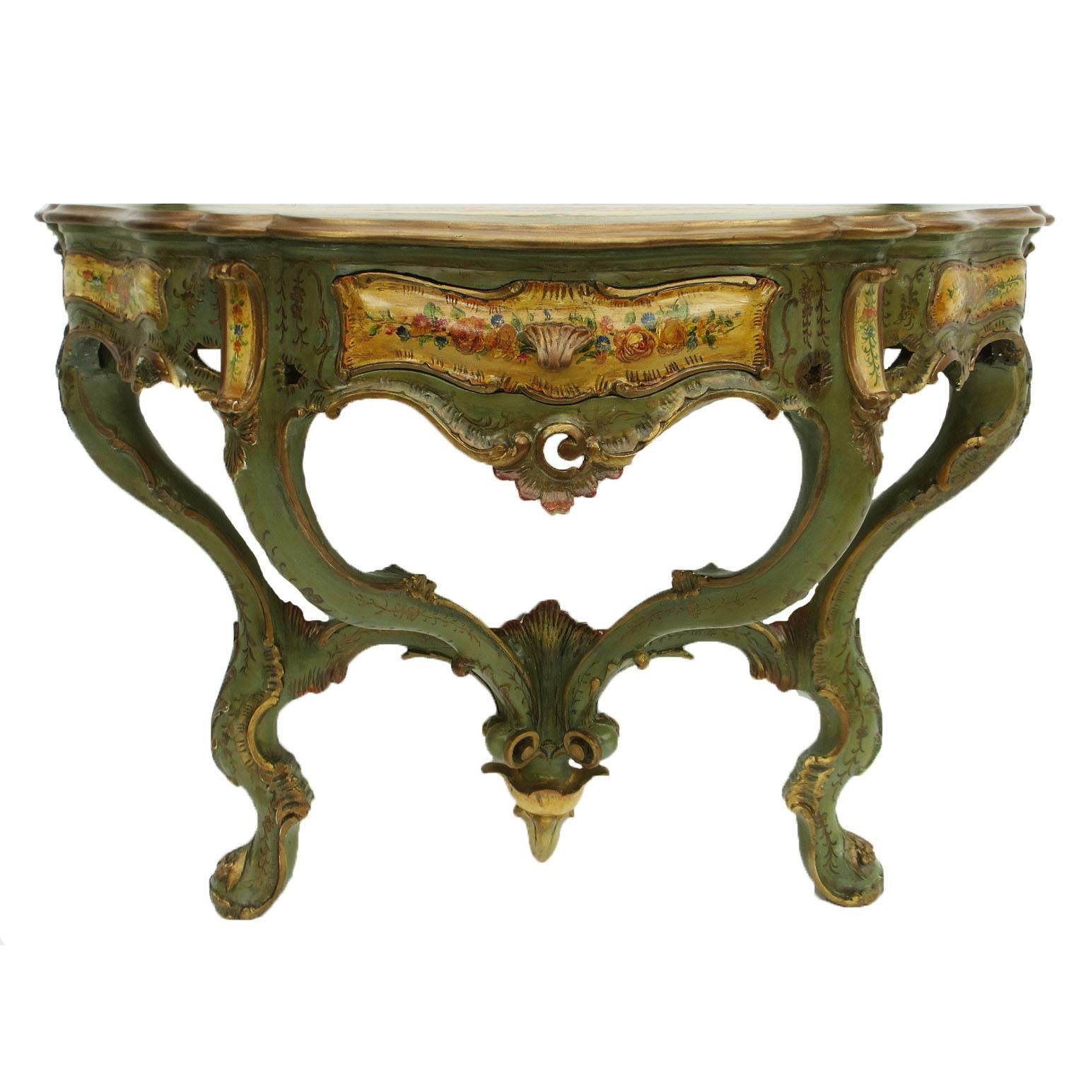 Rare console et miroir italienne en bois sculpté et peint polychrome du 19ème-20ème siècle Bon état - En vente à Los Angeles, CA