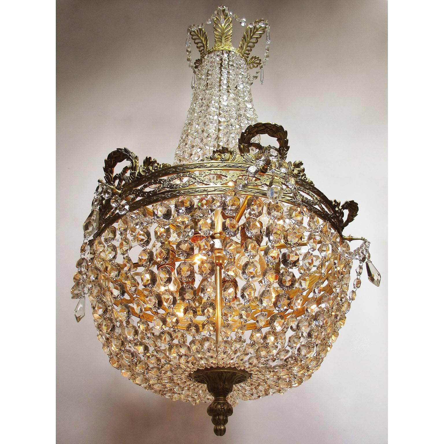 French 19th-20th Century Empire Style Gilt Metal and Cut-Glass Chandelier In Good Condition For Sale In Los Angeles, CA