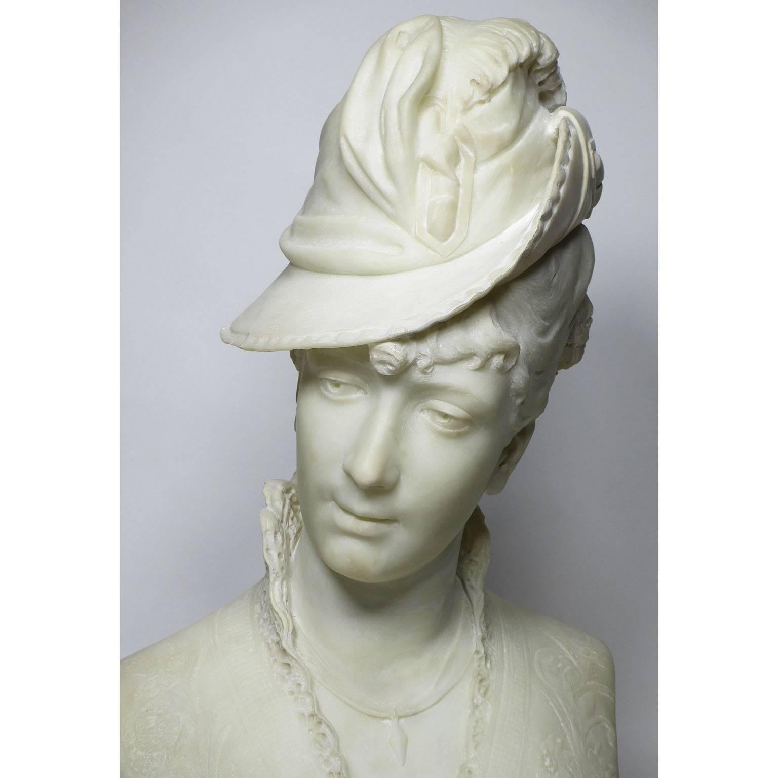 A fine Italian 19th-20th century lifesize carved marble bust of a lady wearing a hat, the beautifully carved marble bust of a lady posing with a gaze to her right, wearing a bonnet with a feather and a laced shirt with a single rosebud in her