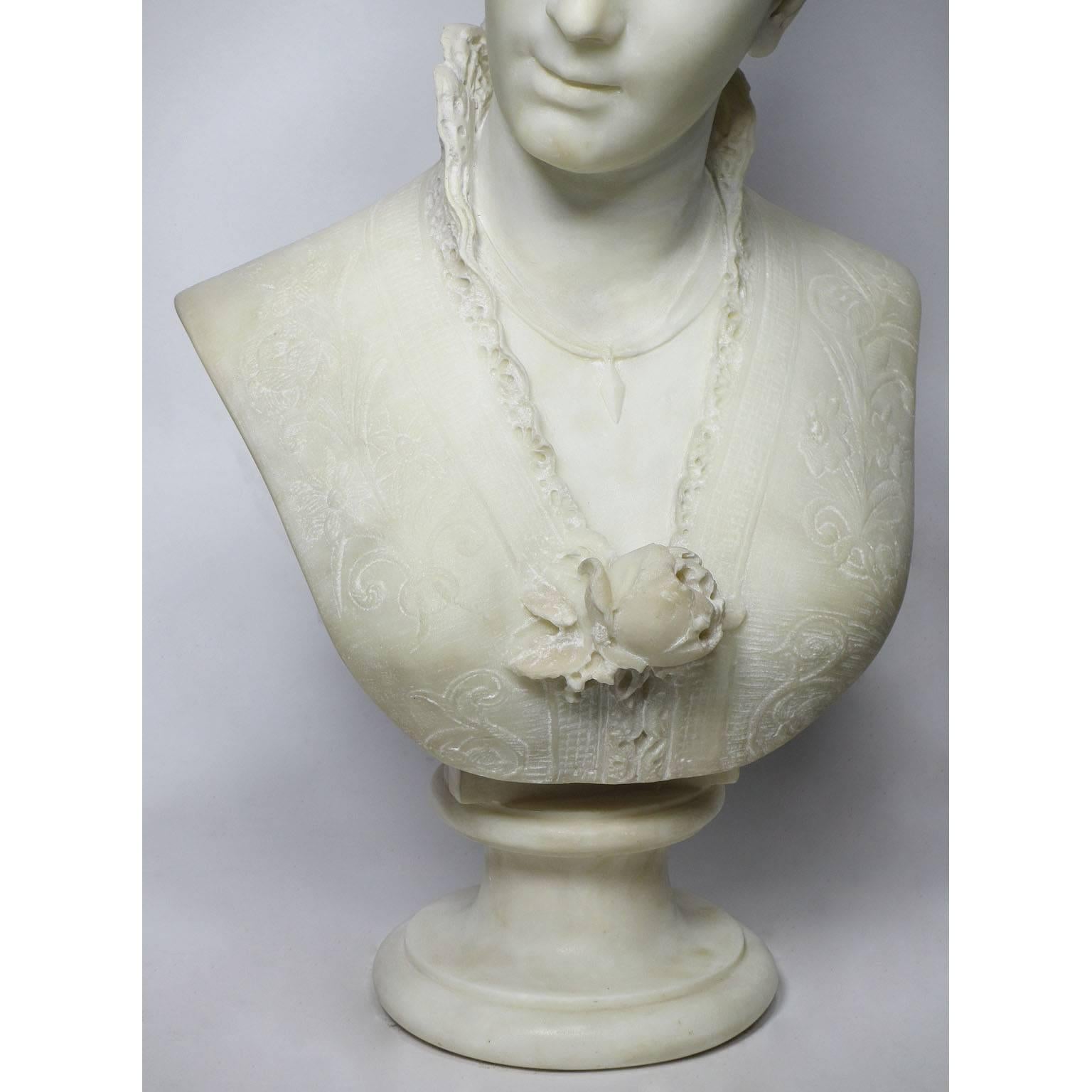 Romantic Fine Italian 19th-20th Century Lifesize Carved Marble Bust of a Posing Lady For Sale