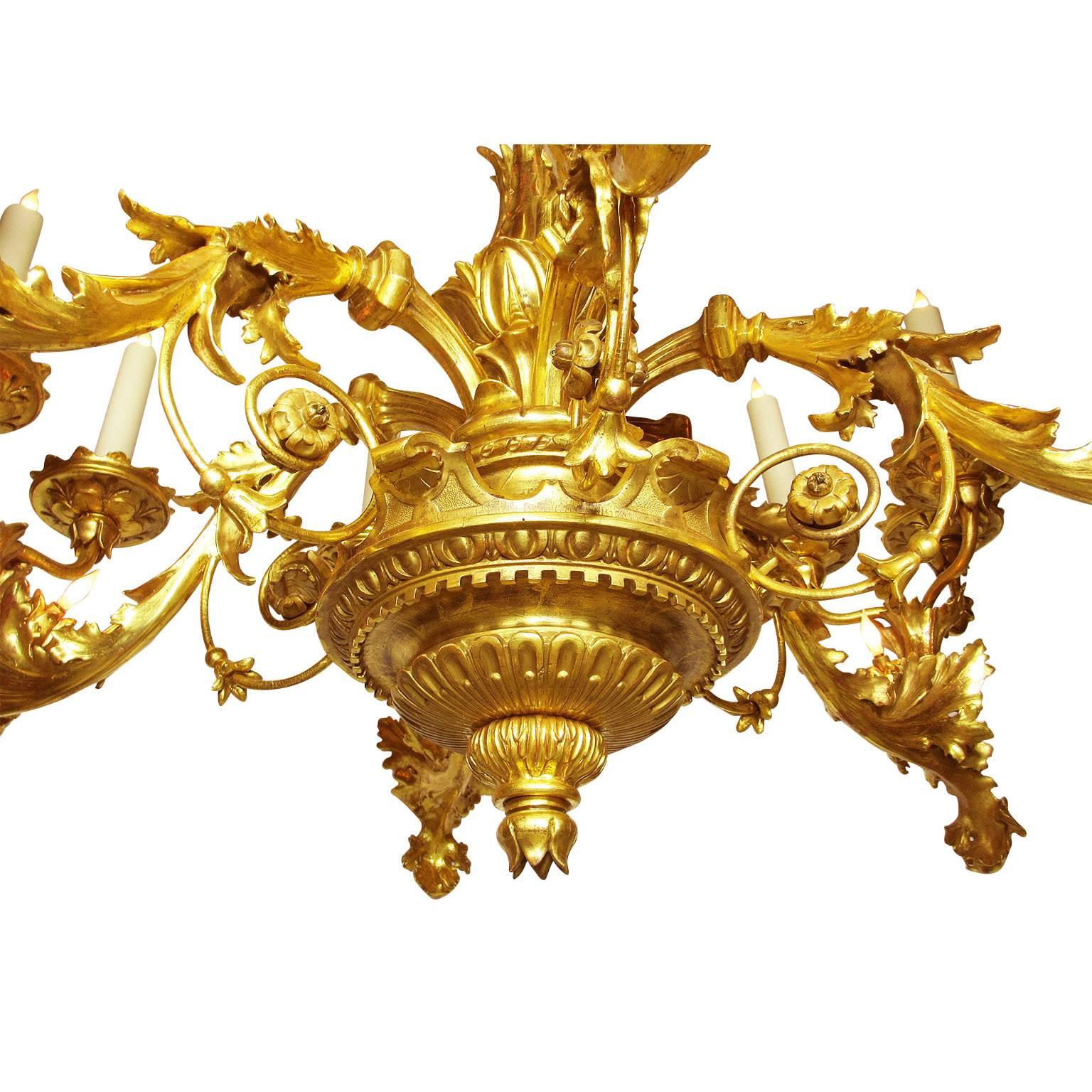 Palatial Italian 19th Century Florentine Rococo Giltwood Carved Chandelier In Good Condition For Sale In Los Angeles, CA