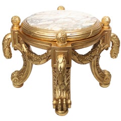 French Giltwood Porte-Potiche Low Pedestal Stand with Marble Top, Attr. F. Linke