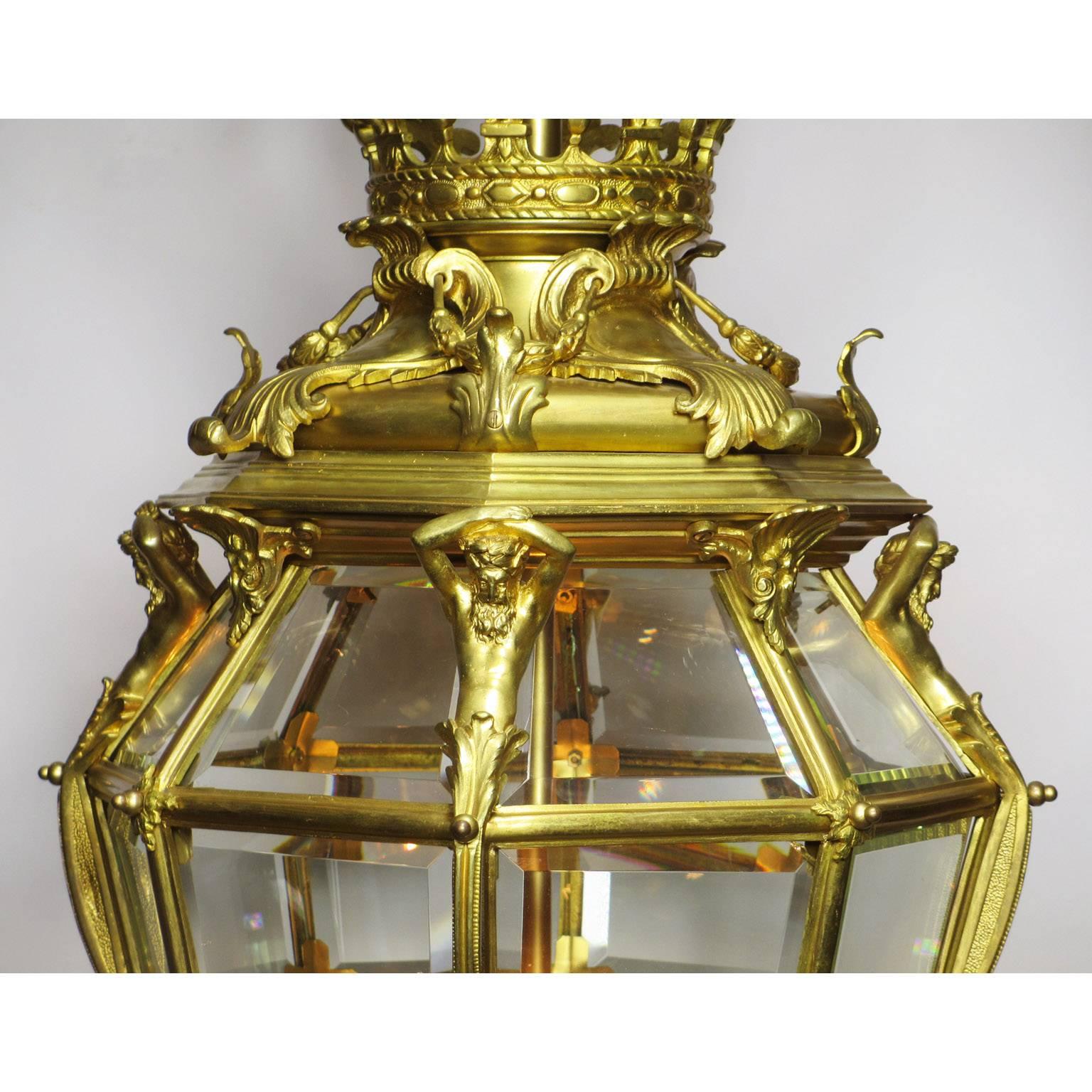 Beveled Fine and Large French Louis XIV Style 19th Century Gilt Bronze Figural Lantern For Sale