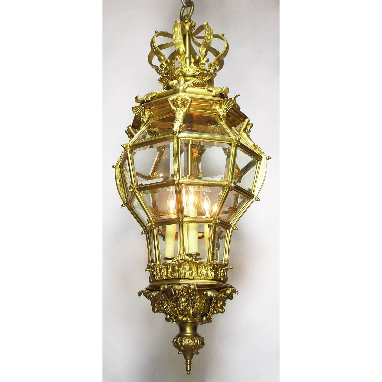 Late 19th Century Fine and Large French Louis XIV Style 19th Century Gilt Bronze Figural Lantern For Sale