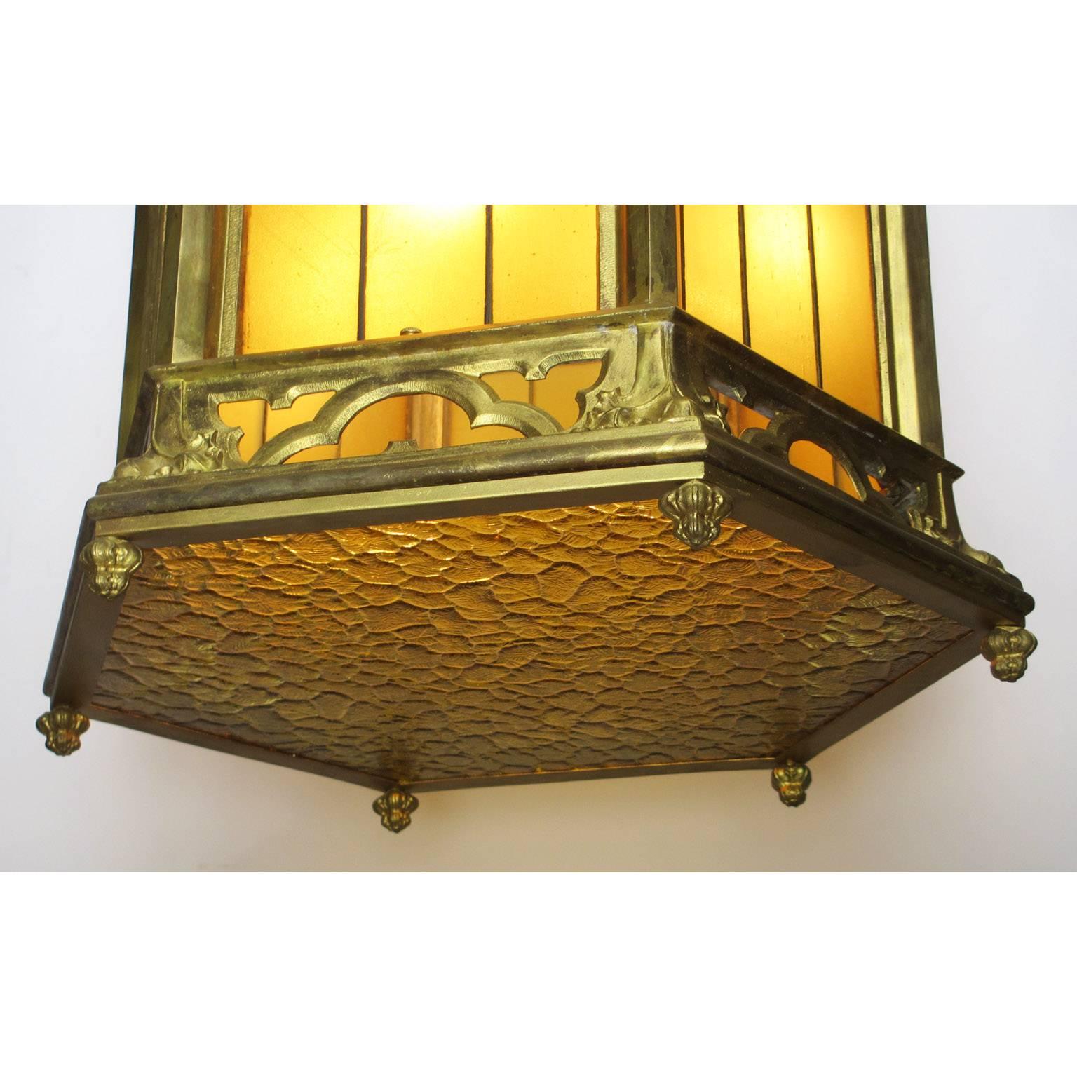 Set of Four Large French 19th-20th Century Gothic Style Gilt Bronze Lanterns In Good Condition For Sale In Los Angeles, CA