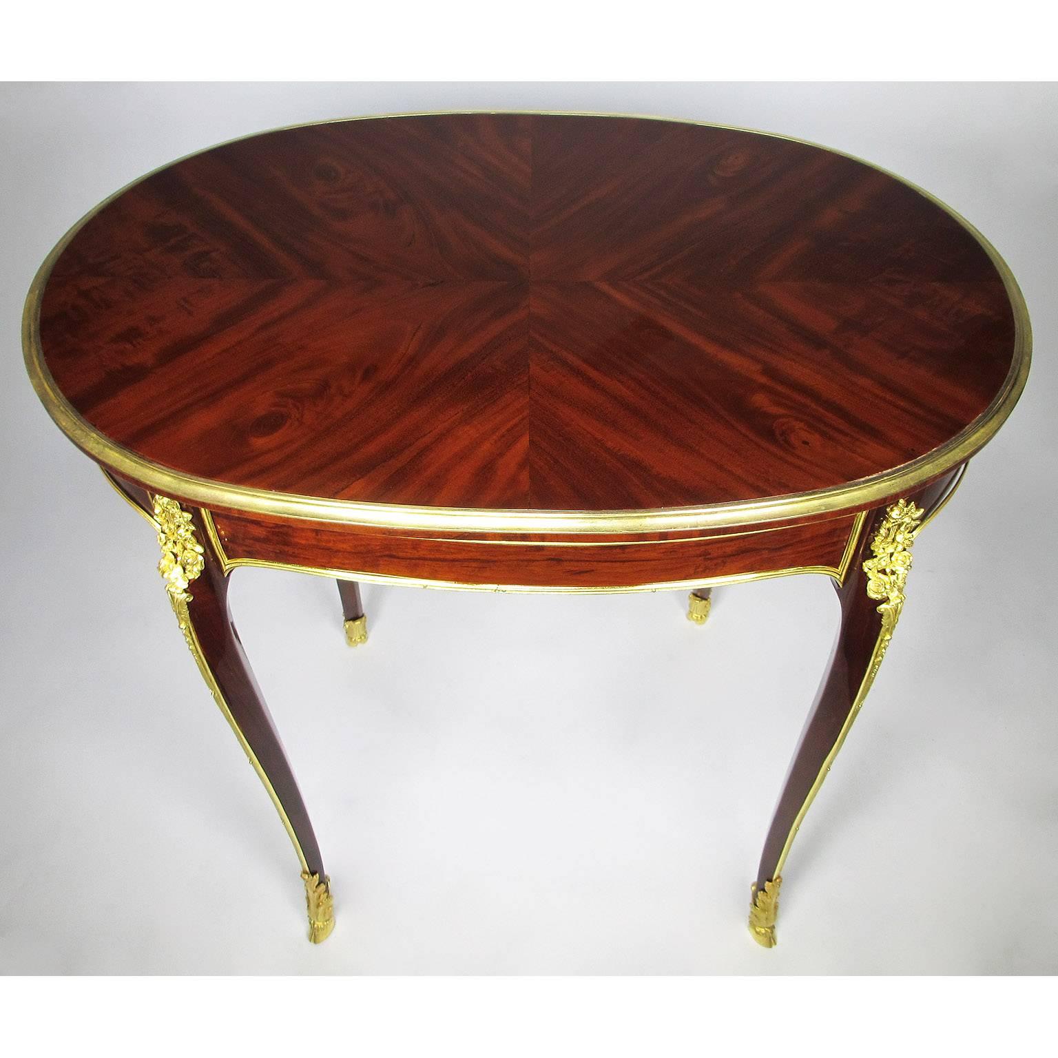 A fine French 19th-20th century Louis XV style ormolu-mounted mahogany oval table, attributed to François Linke (1855-1946) (Unsigned). The legs surmounted with ormolu floral bouquets and raised on hoofed feet, Paris, circa 1900.

Measures: Height