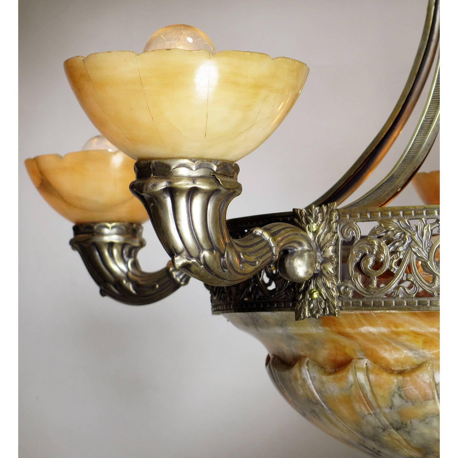 Carved Italian Early 20th Century Art Deco Silvered Bronze and Alabaster Chandelier For Sale