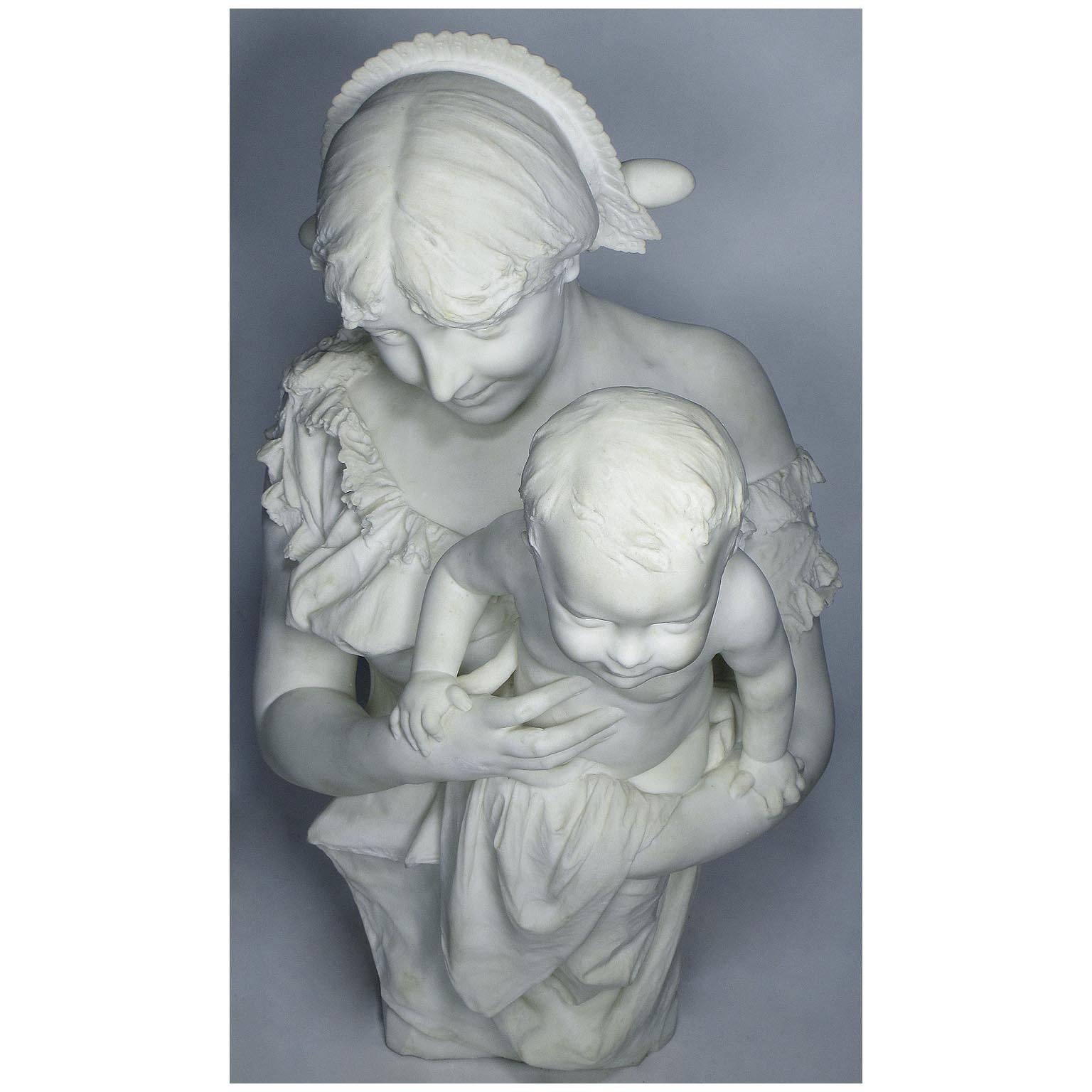 Romantique Sculpture italienne en marbre grandeur nature du 19ème siècle « Mère et enfant » par A. Mazzucchelli en vente