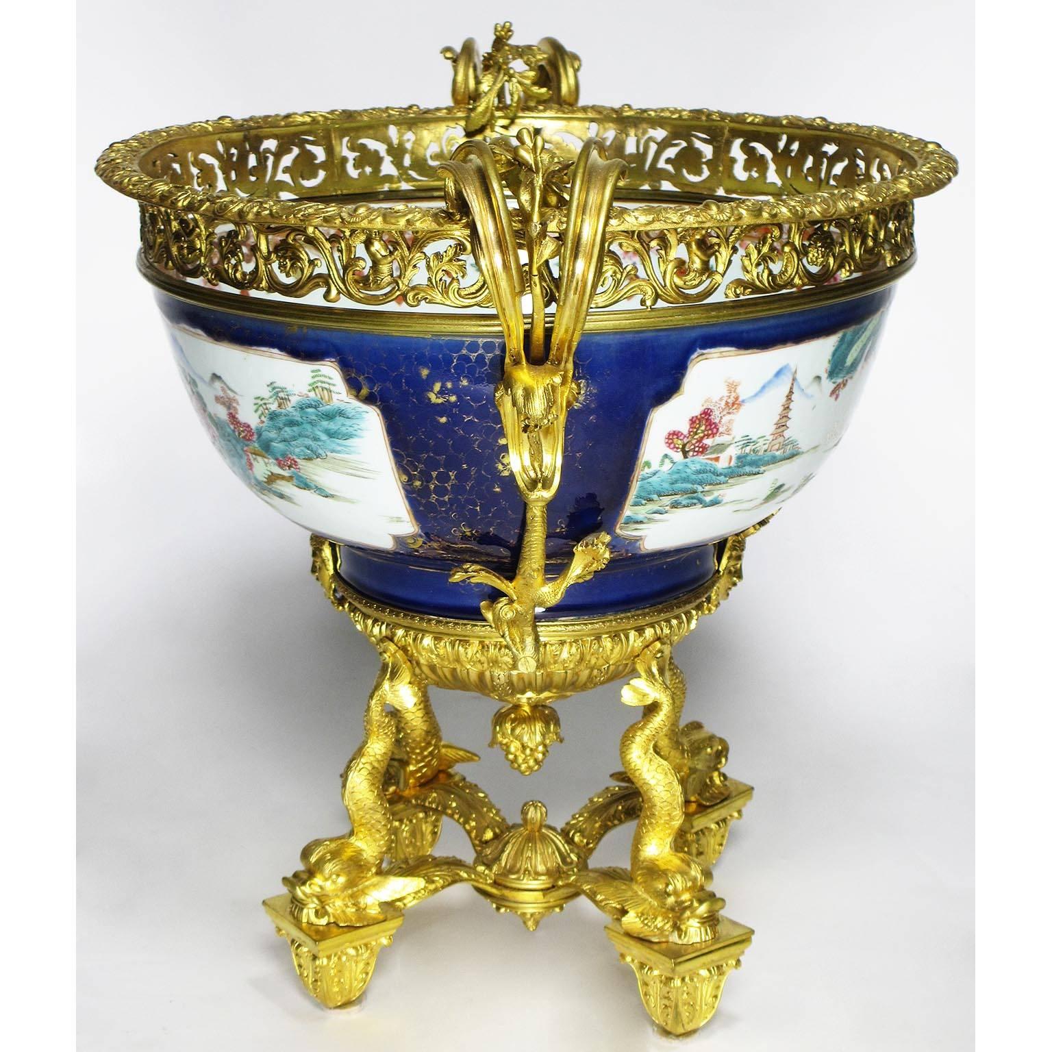 Painted Large 19th Century Chinese Porcelain and French Figural Ormolu Centerpiece For Sale