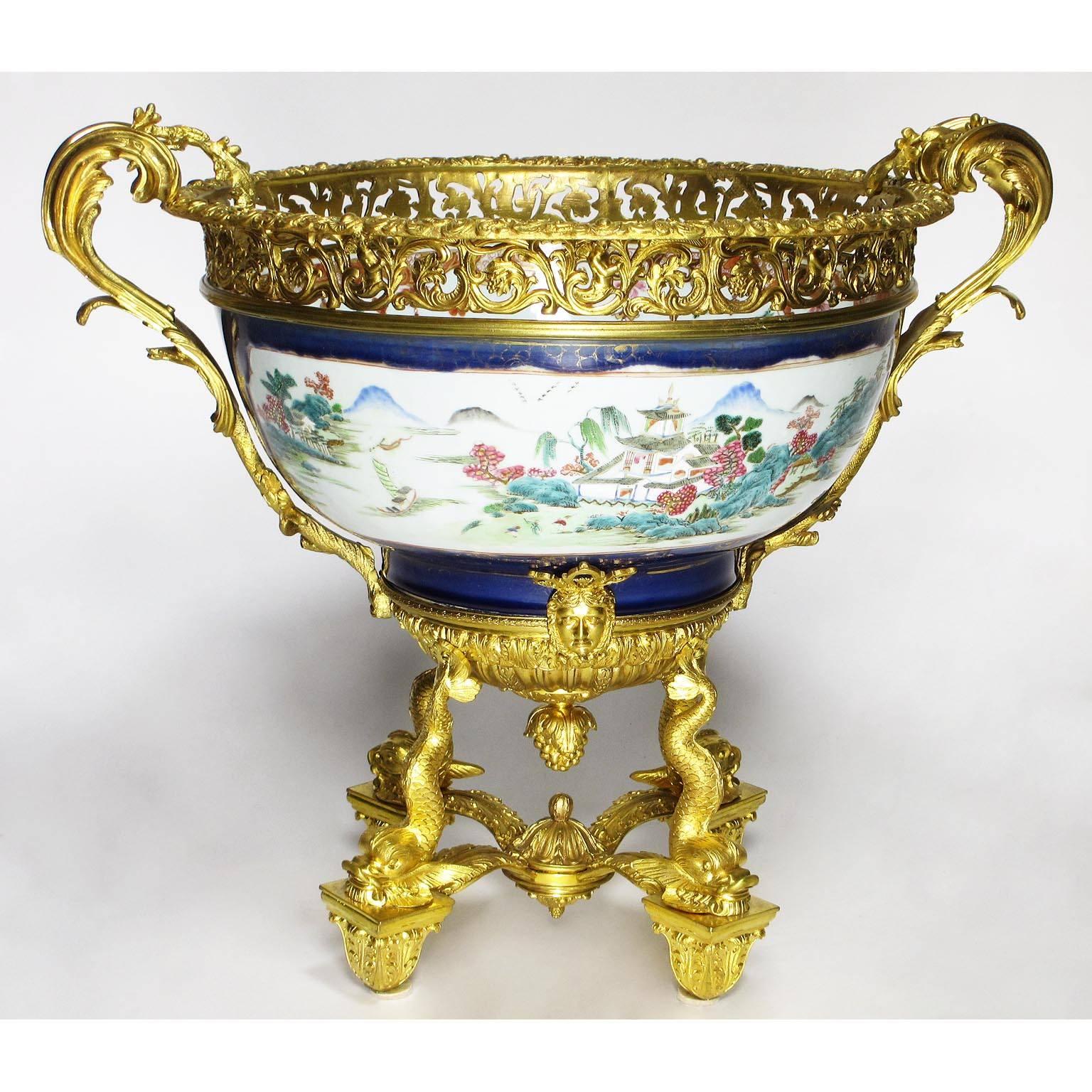 Large 19th Century Chinese Porcelain and French Figural Ormolu Centerpiece In Good Condition For Sale In Los Angeles, CA