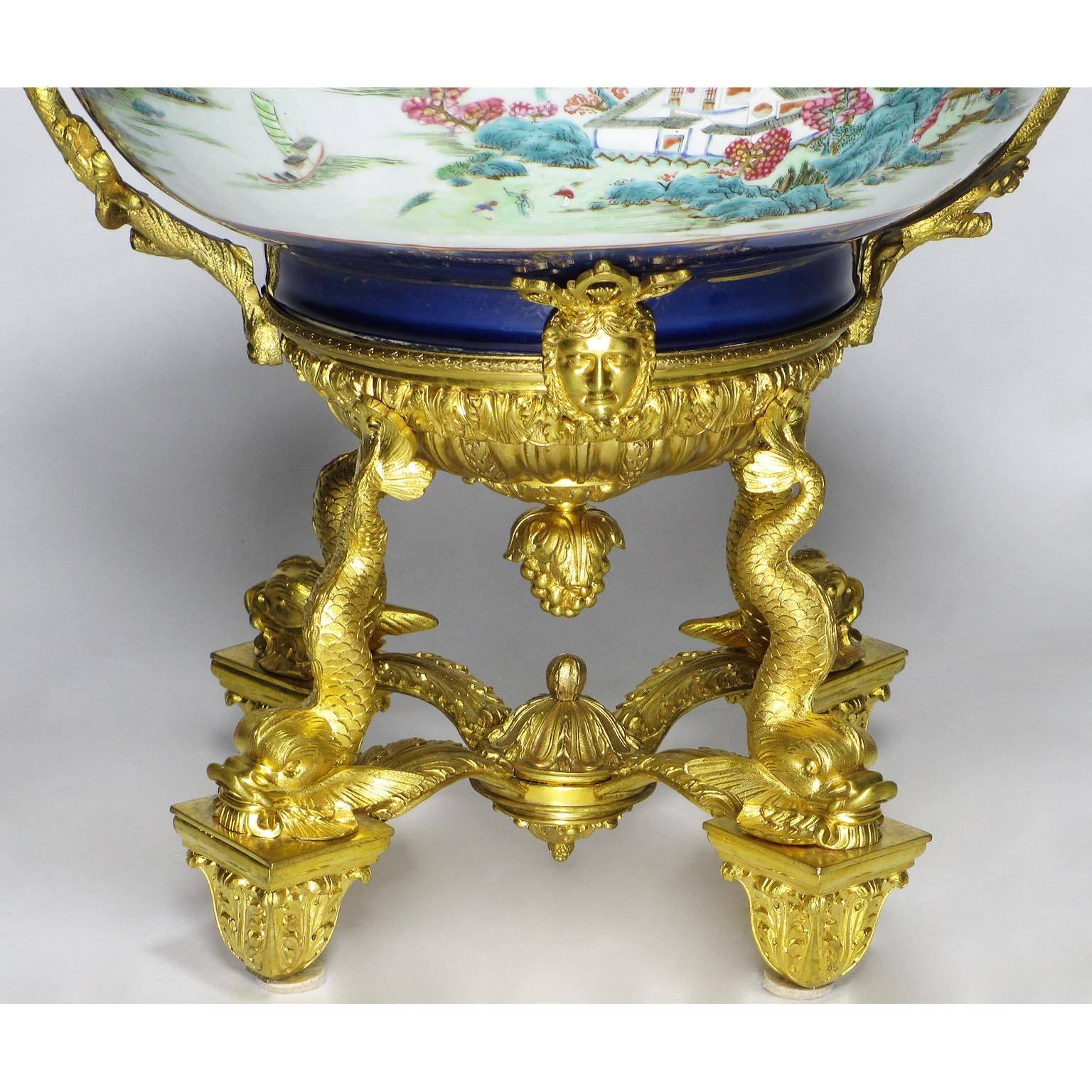 Large 19th Century Chinese Porcelain and French Figural Ormolu Centerpiece For Sale 2