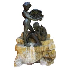 Charming Whimsical Mid-20th Century Figural Bronze and Carved Stone Fountain