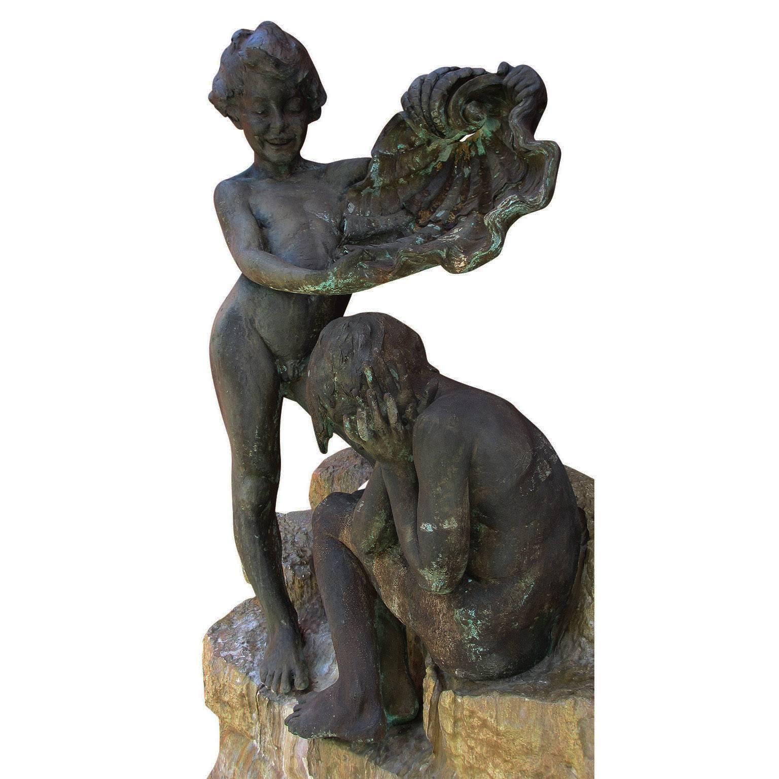 Charming Whimsical Mid-20th Century Figural Bronze and Carved Stone Fountain In Good Condition In Los Angeles, CA