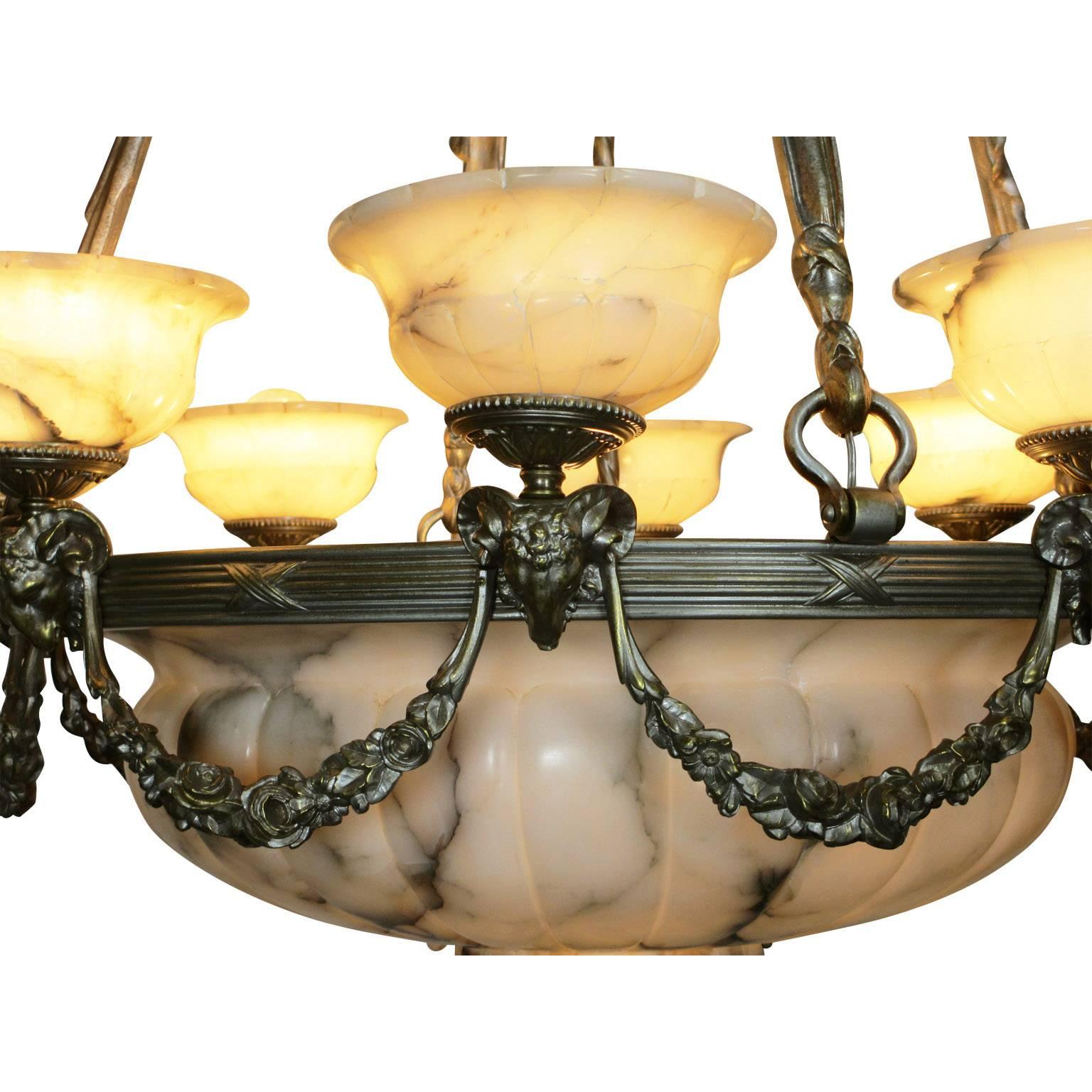Rare Early French 20th Century Art Deco Bronze and Carved Alabaster Chandelier In Fair Condition For Sale In Los Angeles, CA