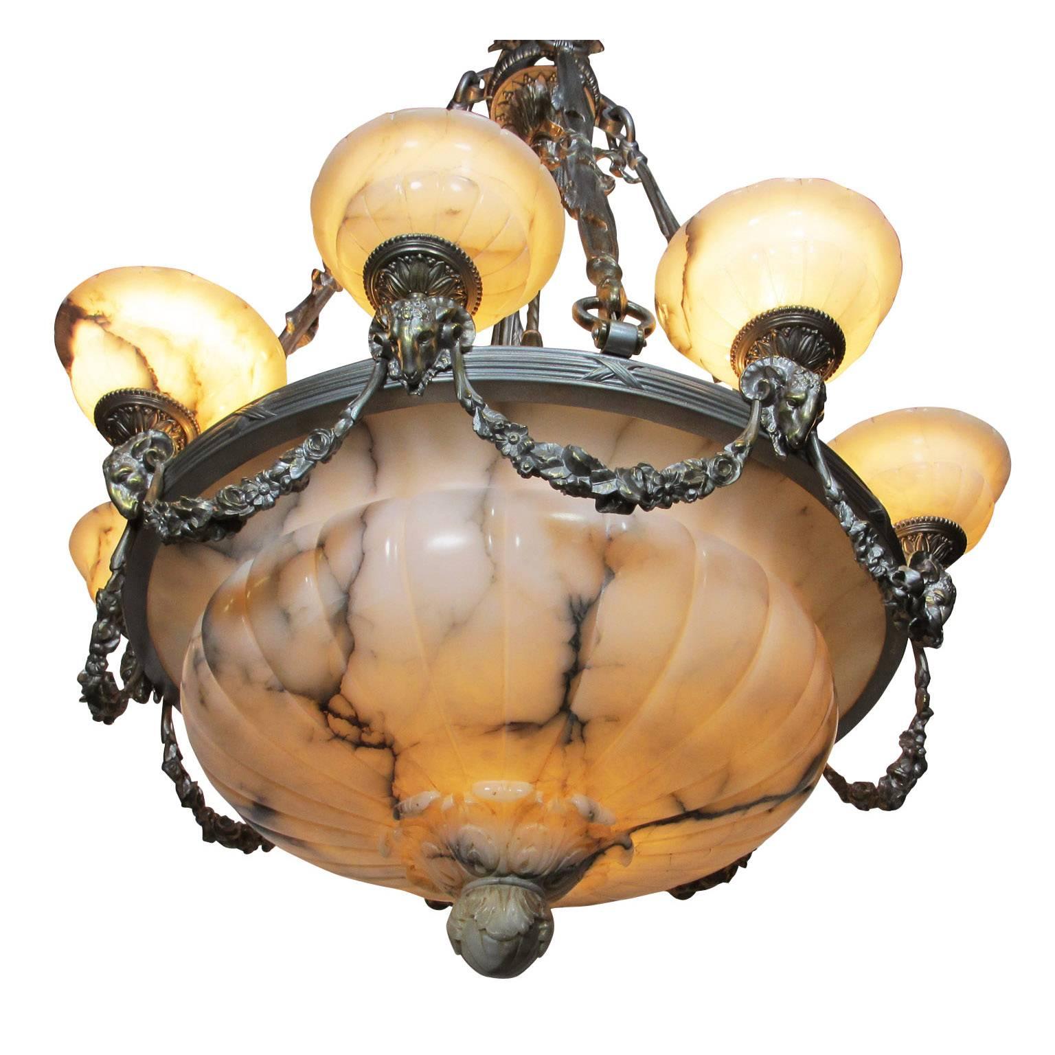 Early 20th Century Rare Early French 20th Century Art Deco Bronze and Carved Alabaster Chandelier For Sale