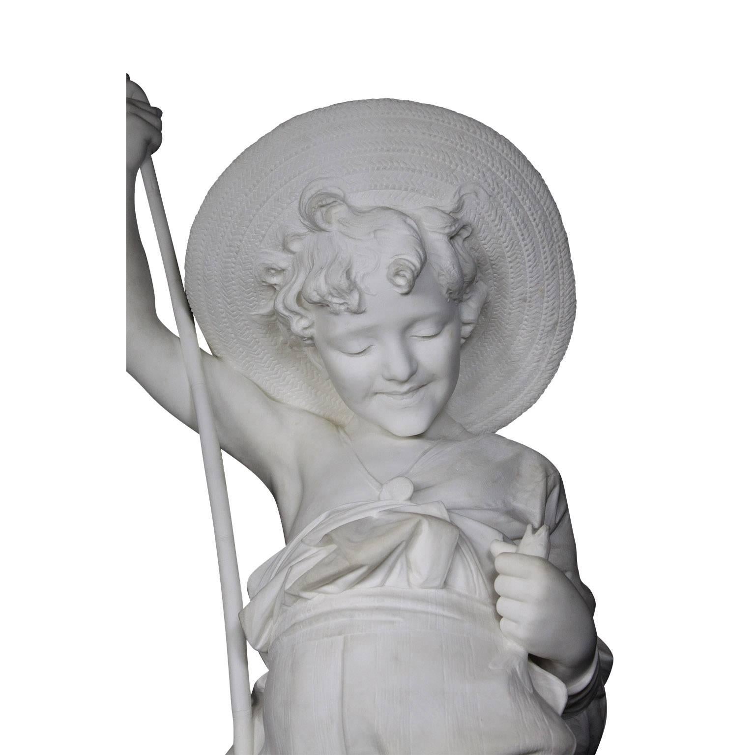 Bohemian Large Italian 19th Century Carved Carrara Marble Figure of a Fisherman Boy For Sale