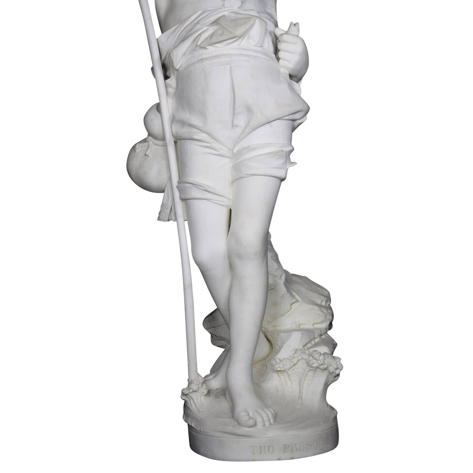 Large Italian 19th Century Carved Carrara Marble Figure of a Fisherman Boy In Good Condition For Sale In Los Angeles, CA