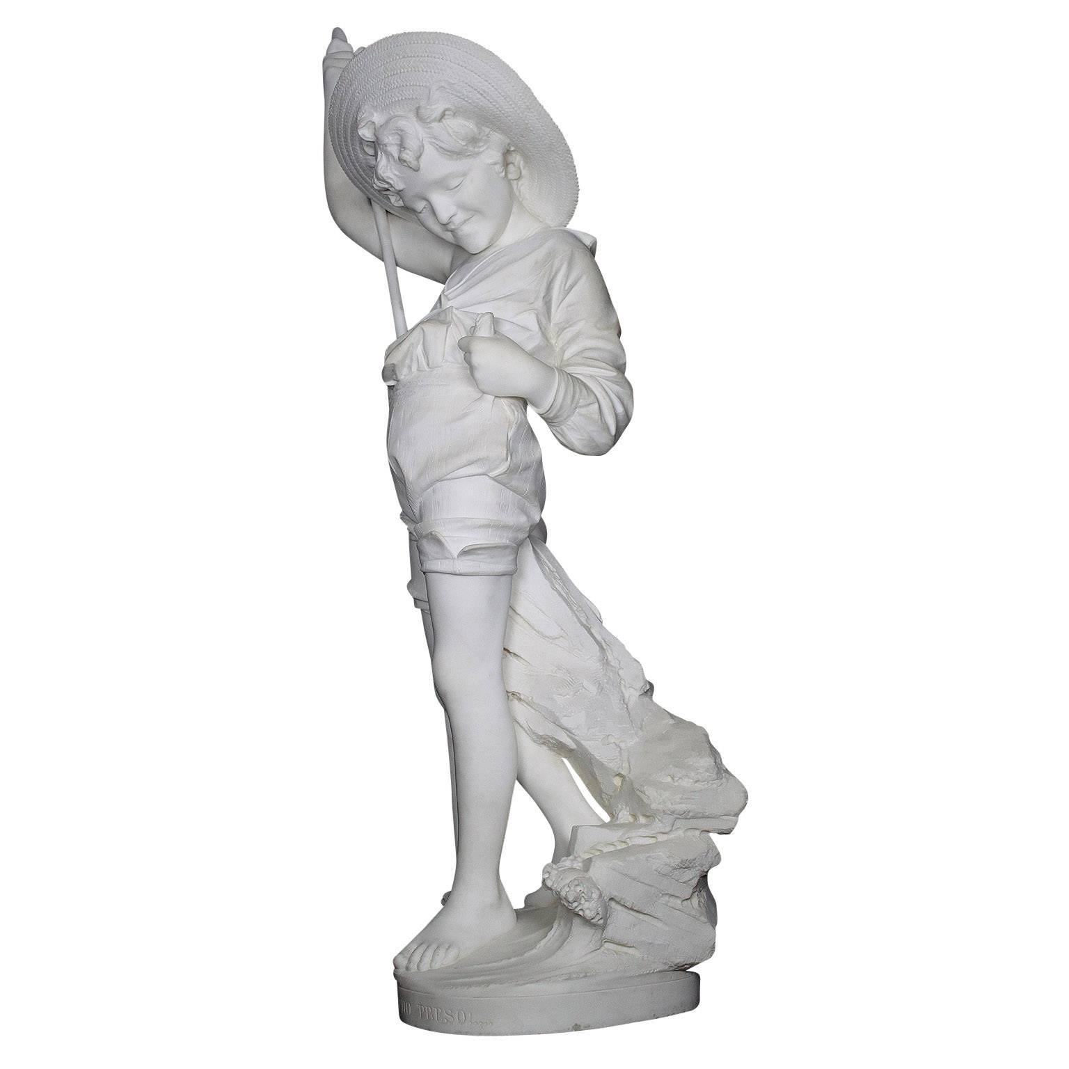Large Italian 19th Century Carved Carrara Marble Figure of a Fisherman Boy For Sale 1