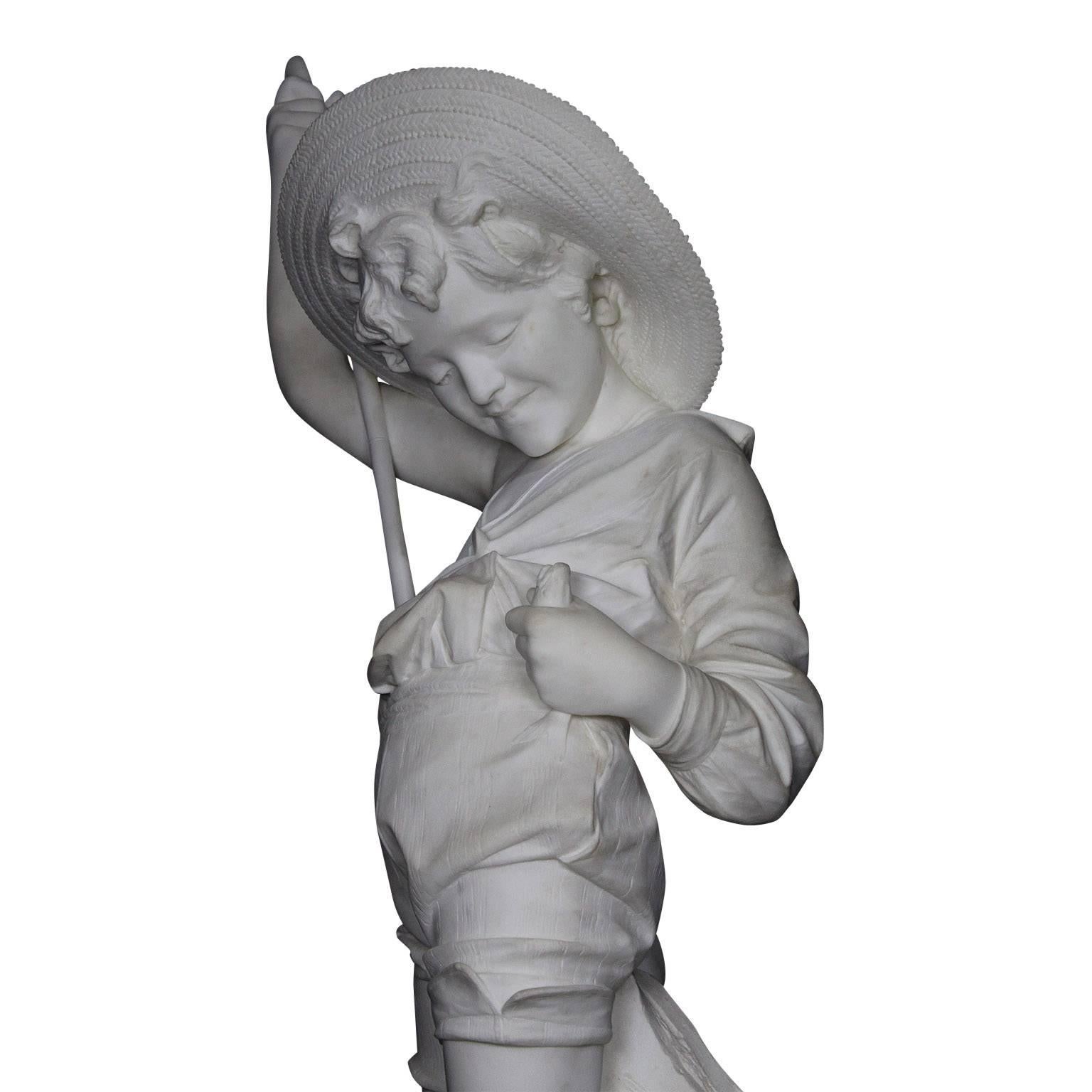 Large Italian 19th Century Carved Carrara Marble Figure of a Fisherman Boy For Sale 3