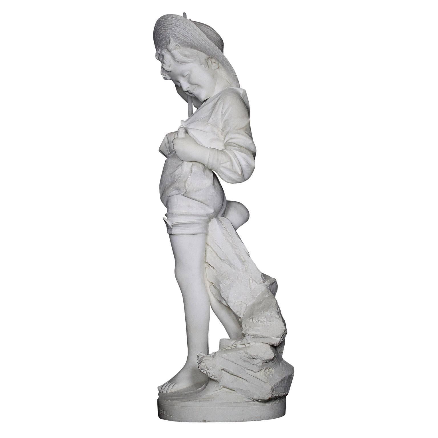Large Italian 19th Century Carved Carrara Marble Figure of a Fisherman Boy For Sale 4
