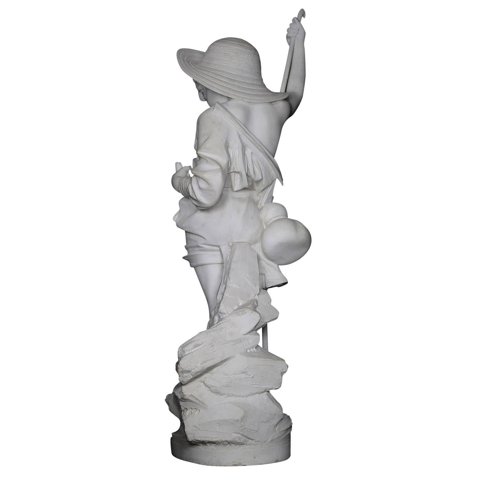 Large Italian 19th Century Carved Carrara Marble Figure of a Fisherman Boy For Sale 5
