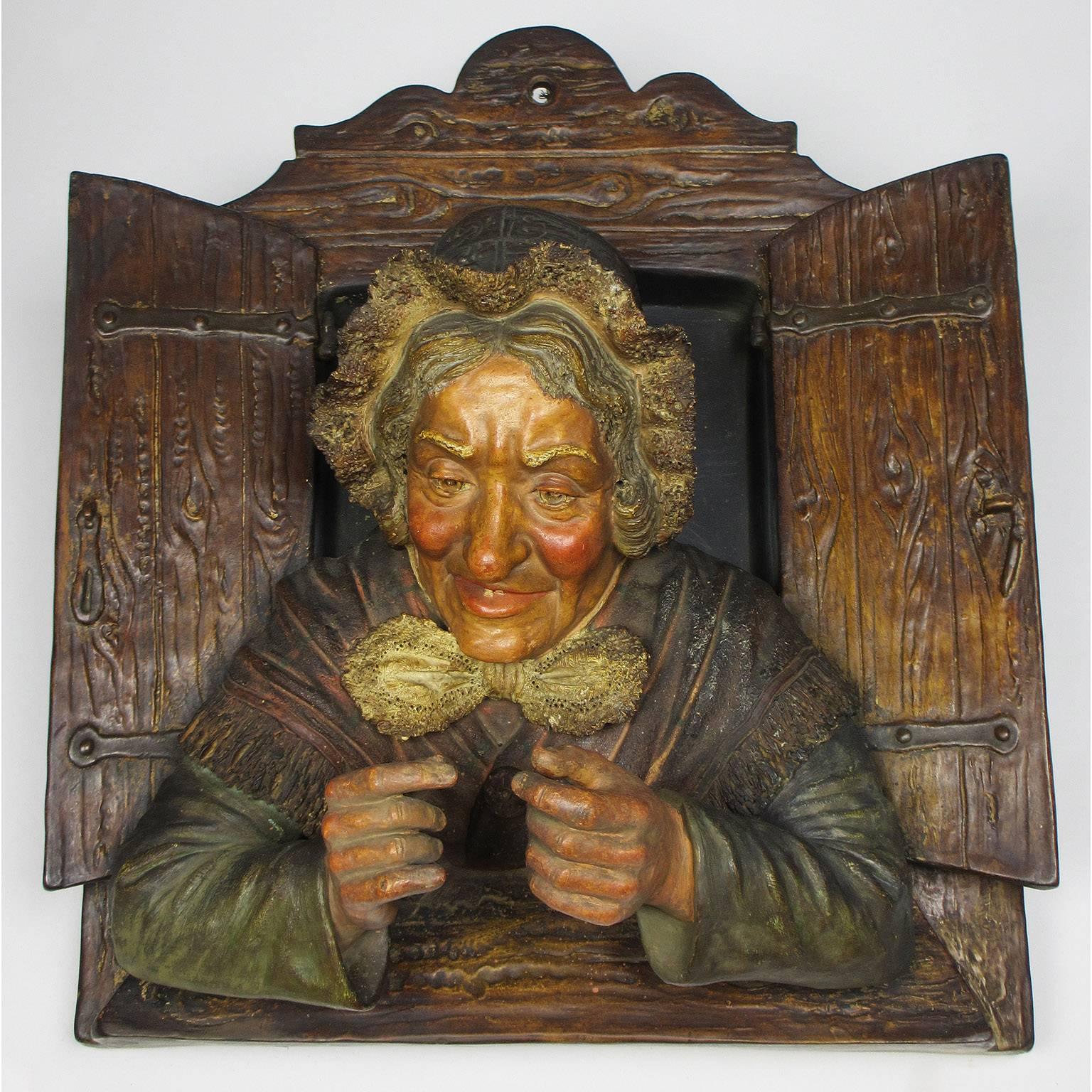 Charming Pair of Austrian 19th Century Polychromed Majolica Wall Sculptures For Sale 1