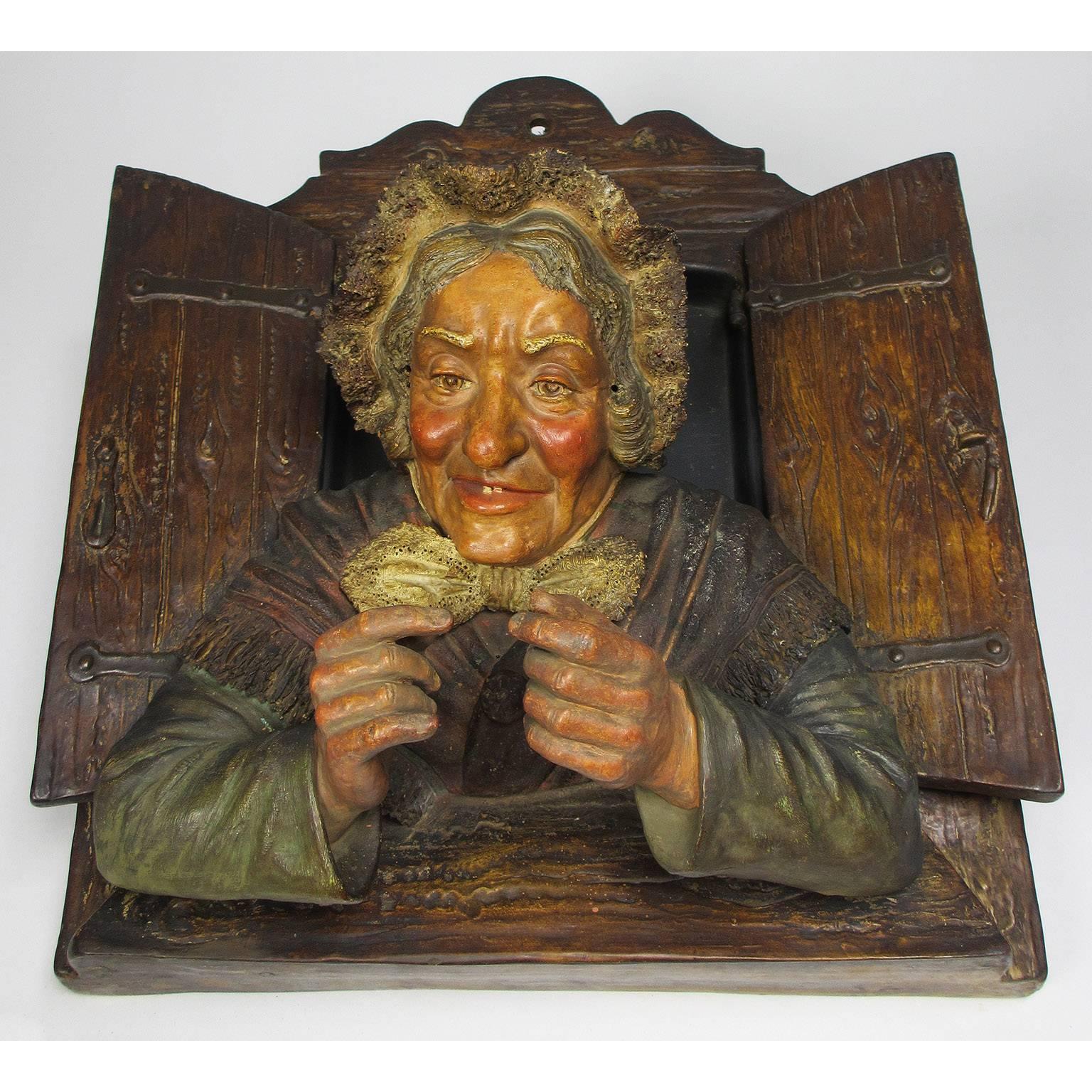 Charming Pair of Austrian 19th Century Polychromed Majolica Wall Sculptures For Sale 2