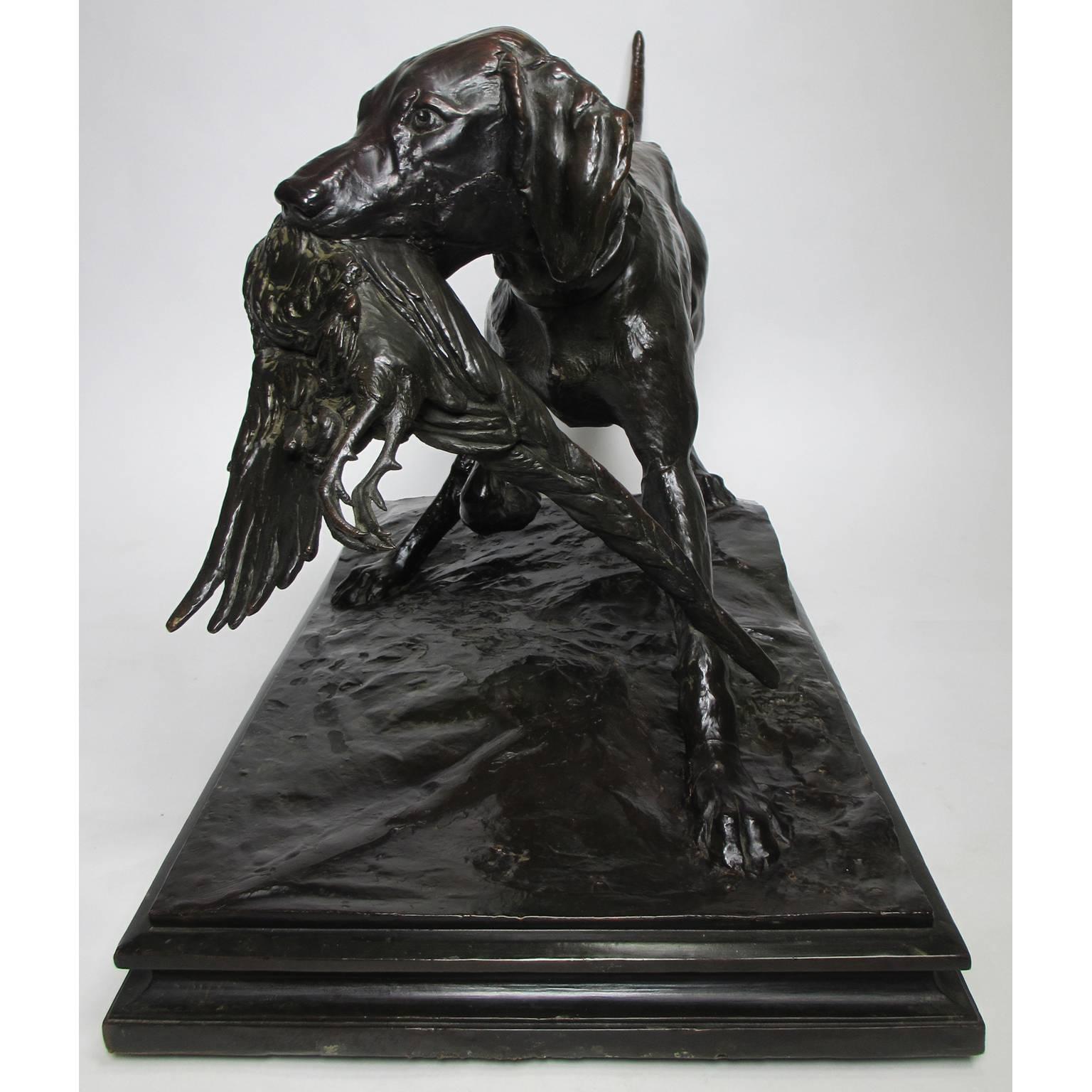 Patinated Emil Wünsche Hunting Sculpture of a Hound and Pheasant Prey For Sale