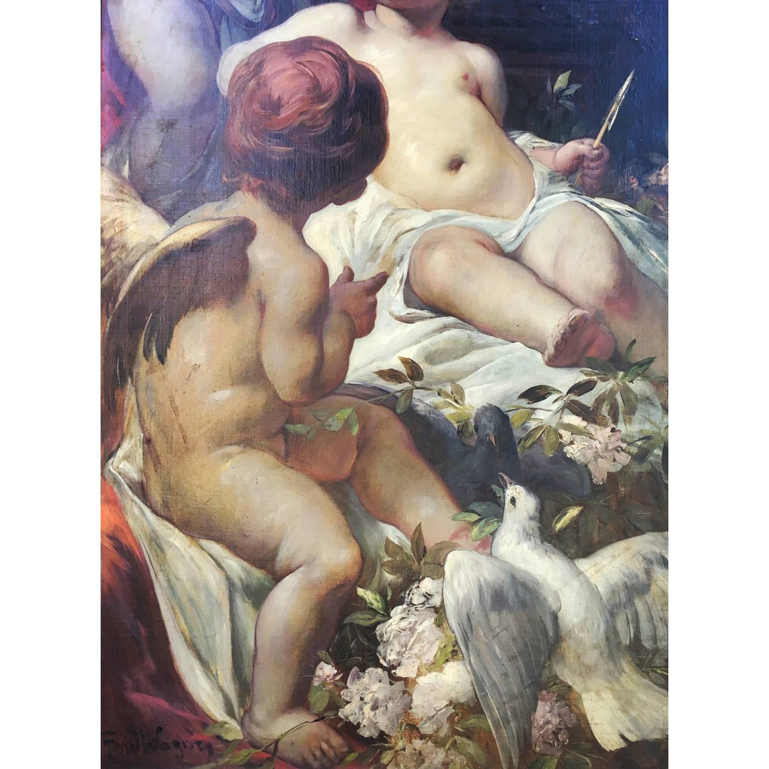 Gilt German 19th Century Oil on Canvas Triptych of Cherubs by Ferdinand Wagner II For Sale
