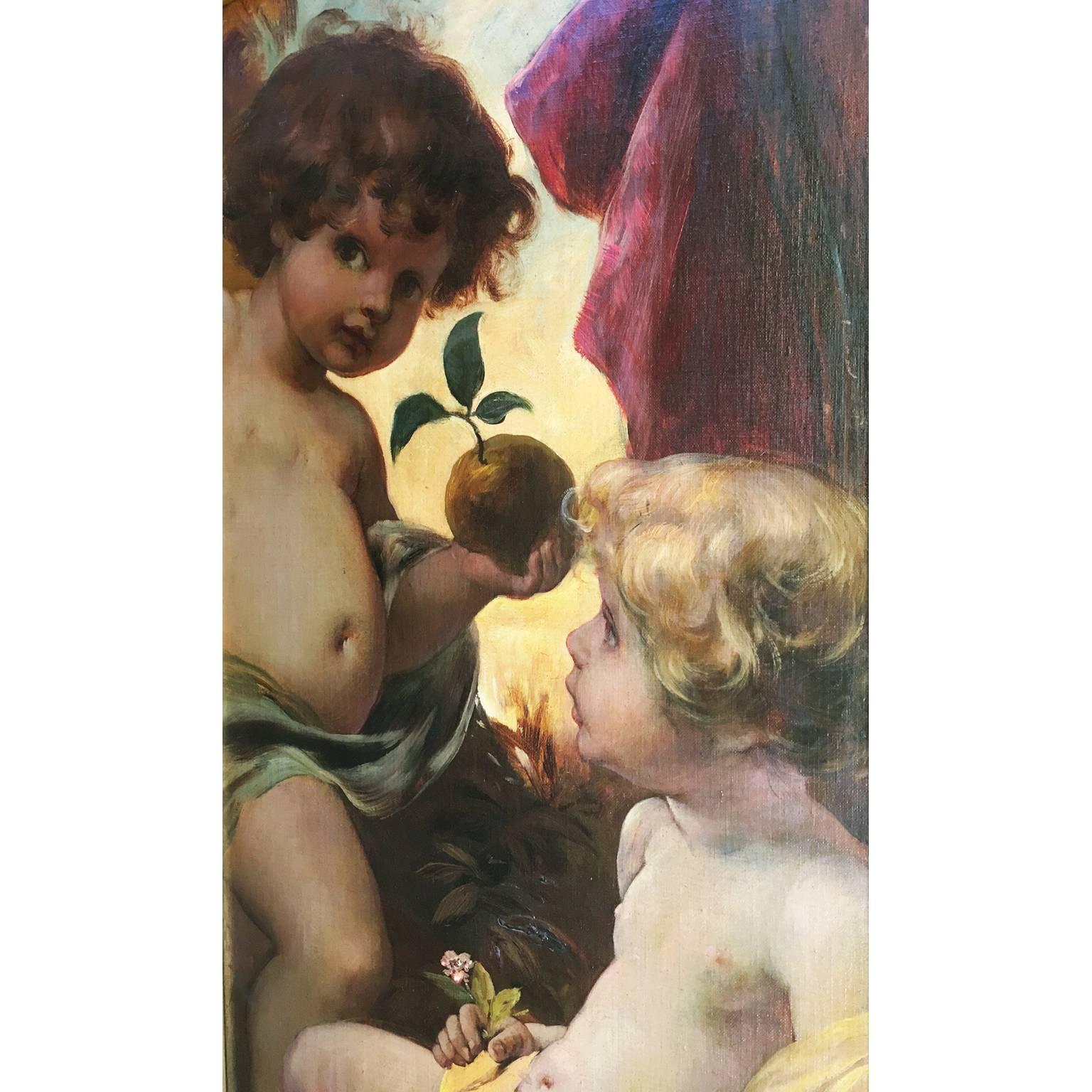 German 19th Century Oil on Canvas Triptych of Cherubs by Ferdinand Wagner II For Sale 2
