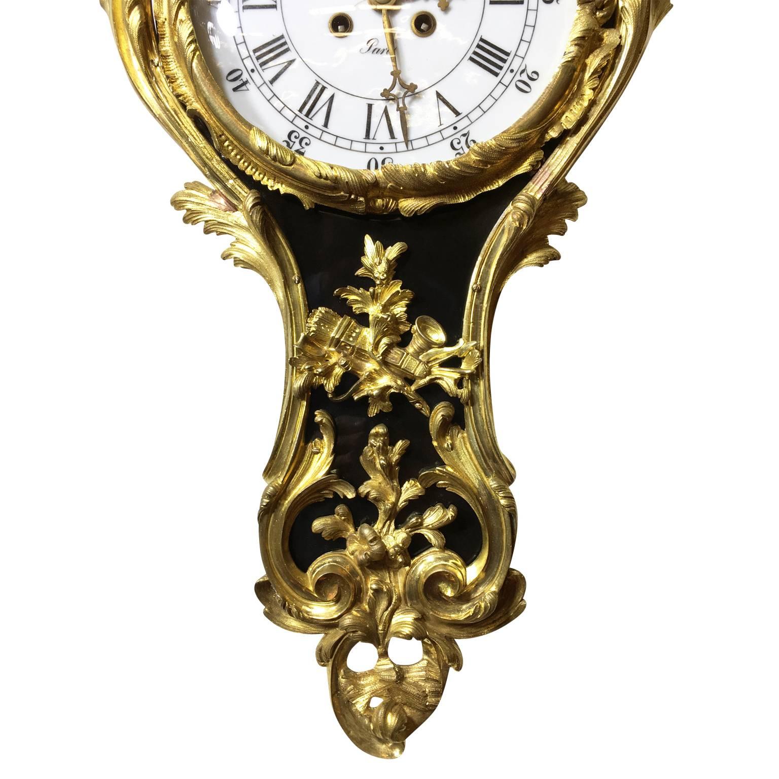 Painted Pair of French 19th Century Louis XV Style Ebonized Cartel Clock and Barometer For Sale