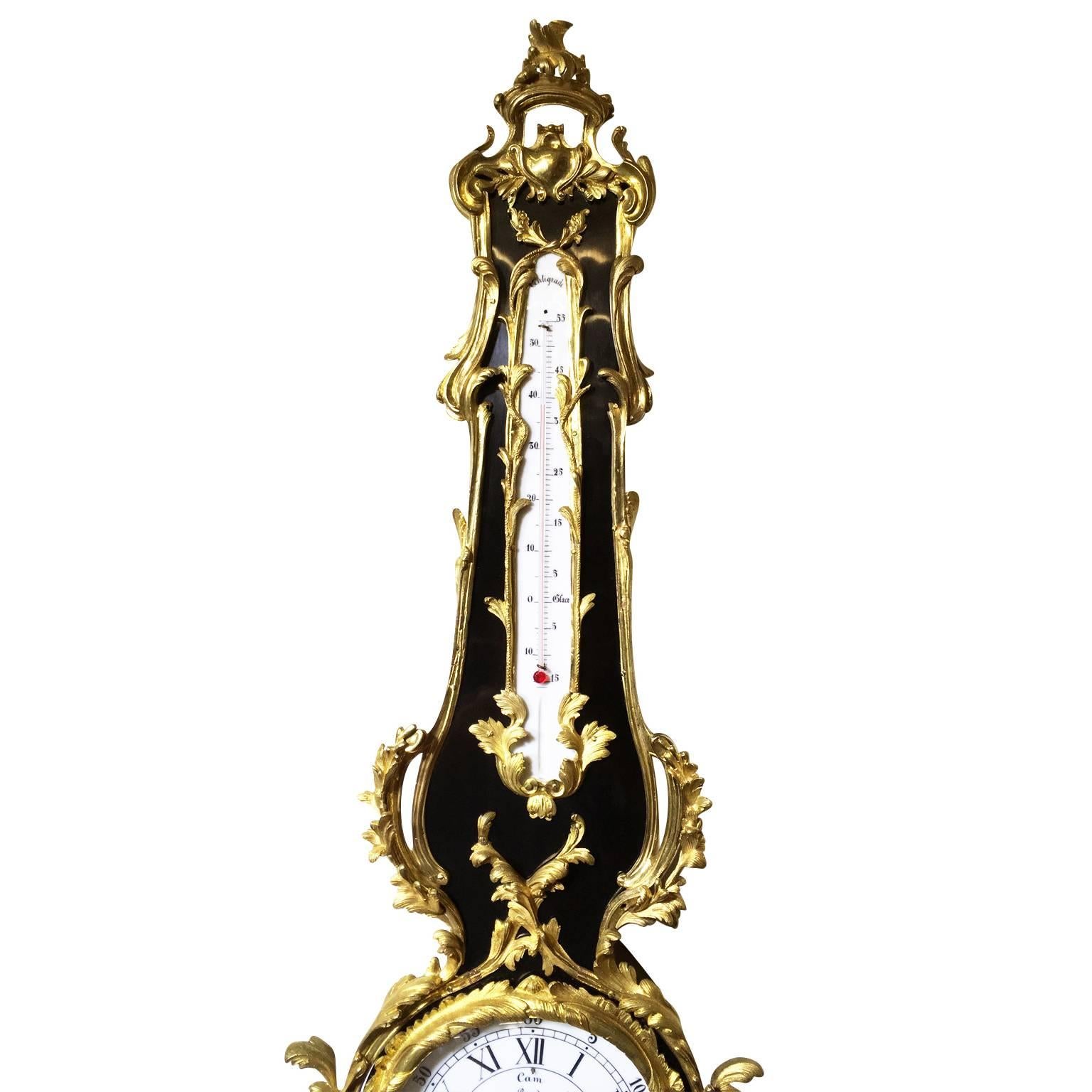 Glass Pair of French 19th Century Louis XV Style Ebonized Cartel Clock and Barometer For Sale