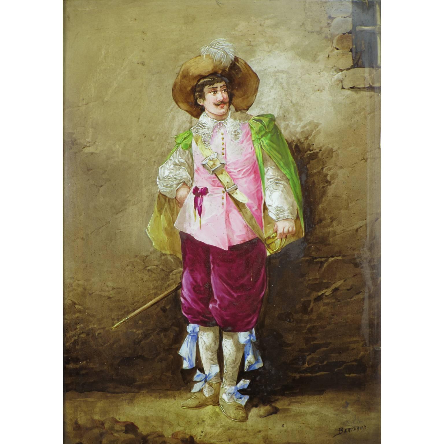 Leon Berthaud (French, 19th century). Pair of French porcelain plaques of Musketeers, each depicting a standing Musketeer in his 18th century costume, each within an ebonized carved wood frame. Both signed: Berthaud, circa 1890.

Measures: Plaque