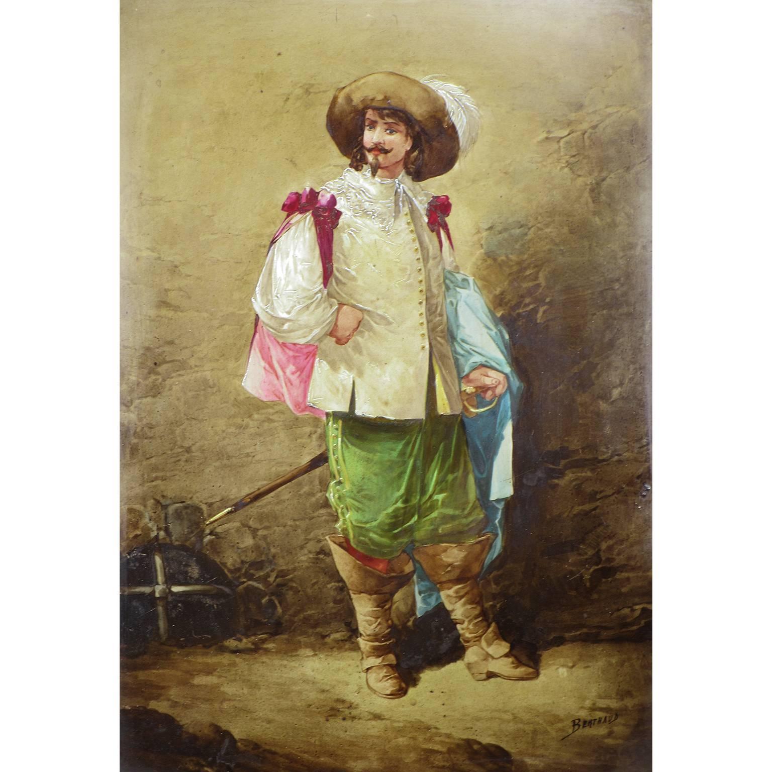 Baroque Revival Pair of French Porcelain Plaques of Musketeers by Leon Berthaud For Sale