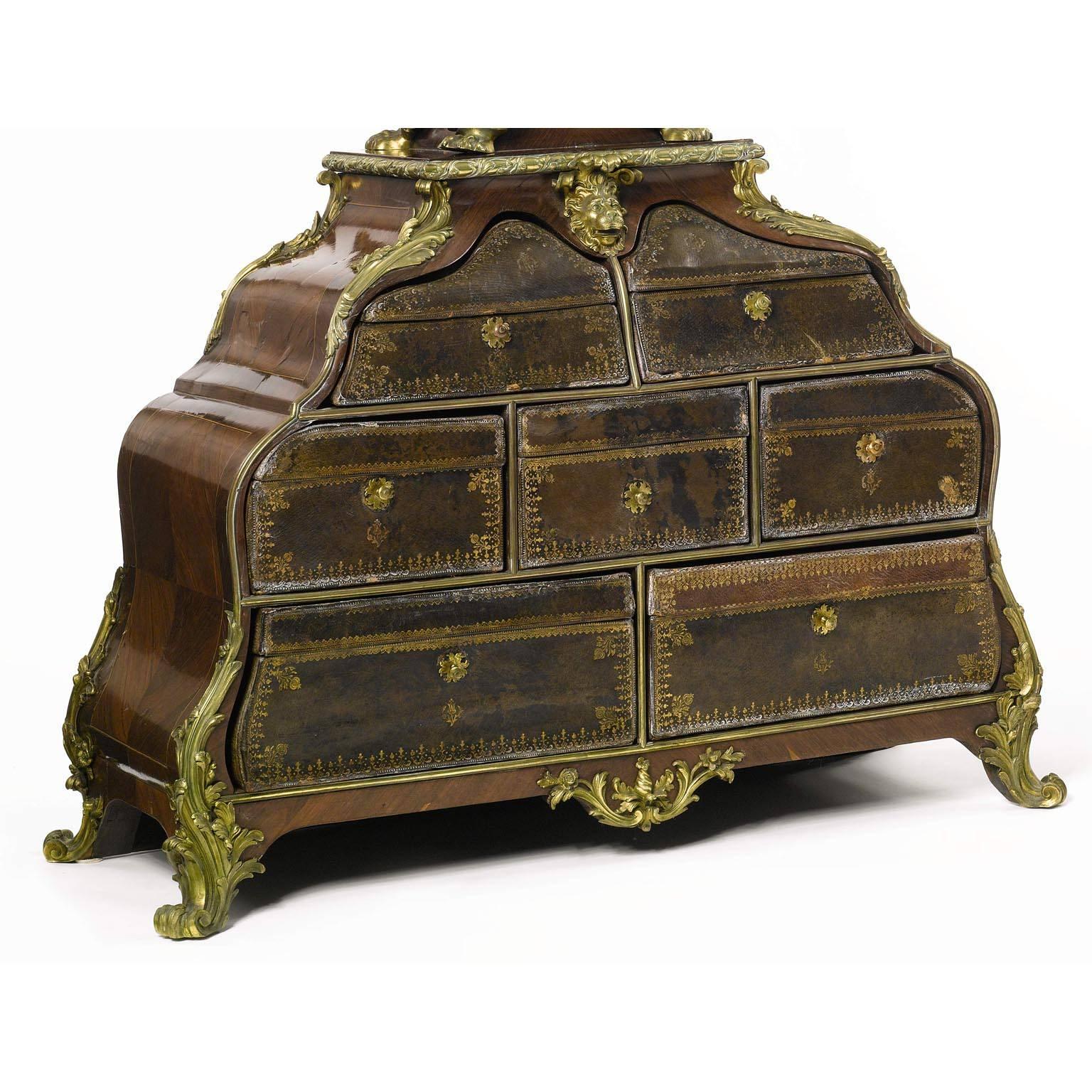 Embossed French 19th Century Louis XV Style Gilt-Bronze Mounted and Leather Cartonnier For Sale