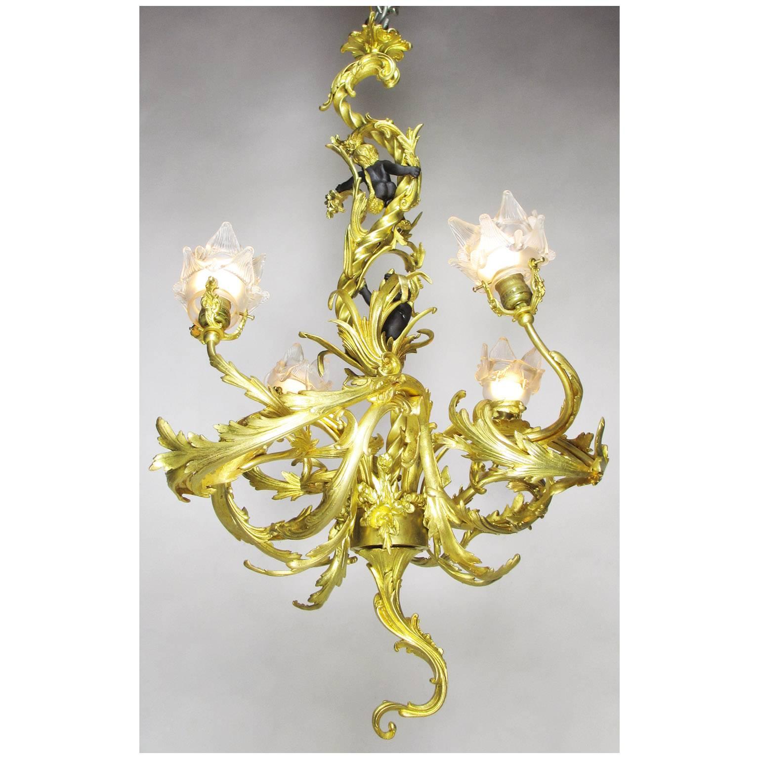 Early 20th Century French Belle Époque Gilt Bronze Four-Light Whimsical Chandelier For Sale