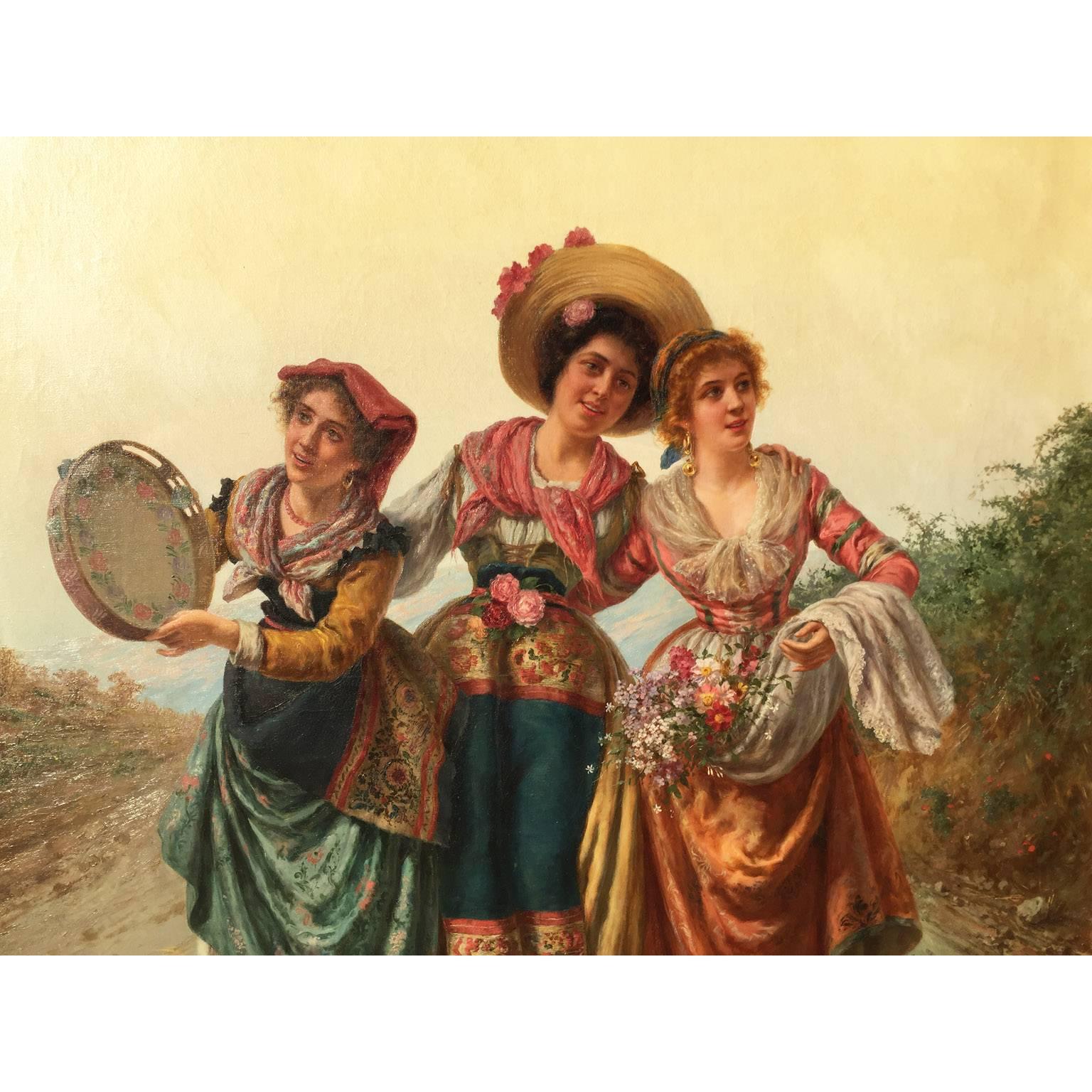 Pietro Gabrini, großes Ölgemälde auf Leinwand, „Drei singende Schönheiten“ (Neobarock) im Angebot