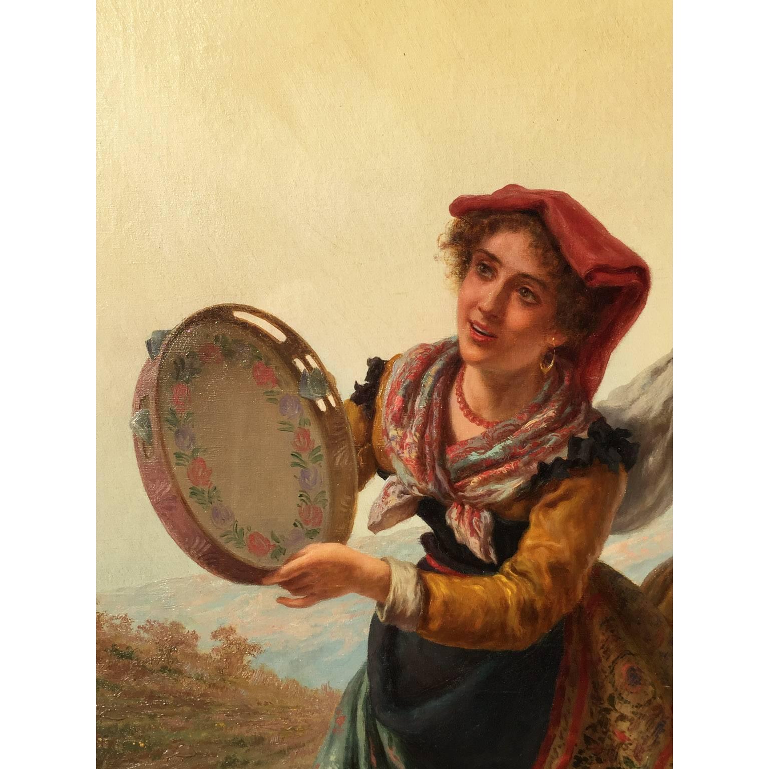 XIXe siècle Grande huile sur toile « Trois beautés italiennes chantant sur la route » de Pietro Gabrini en vente