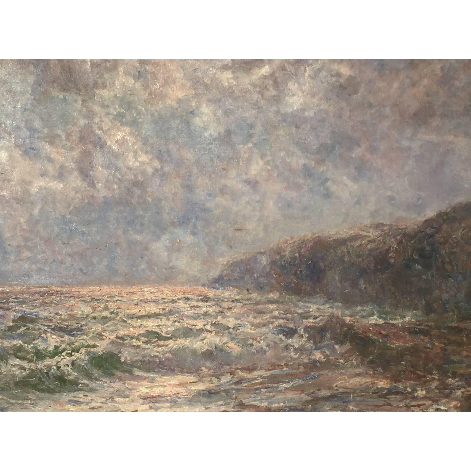 John Falconer Slater (British, 1857-1937) Large Oil on Canvas "Rough Coastal Seascape" depicting a marine British coastal scene on a cloudy day with rough a seas. Signed: Slater (Lower left) within an ornate giltwood carved frame, circa: