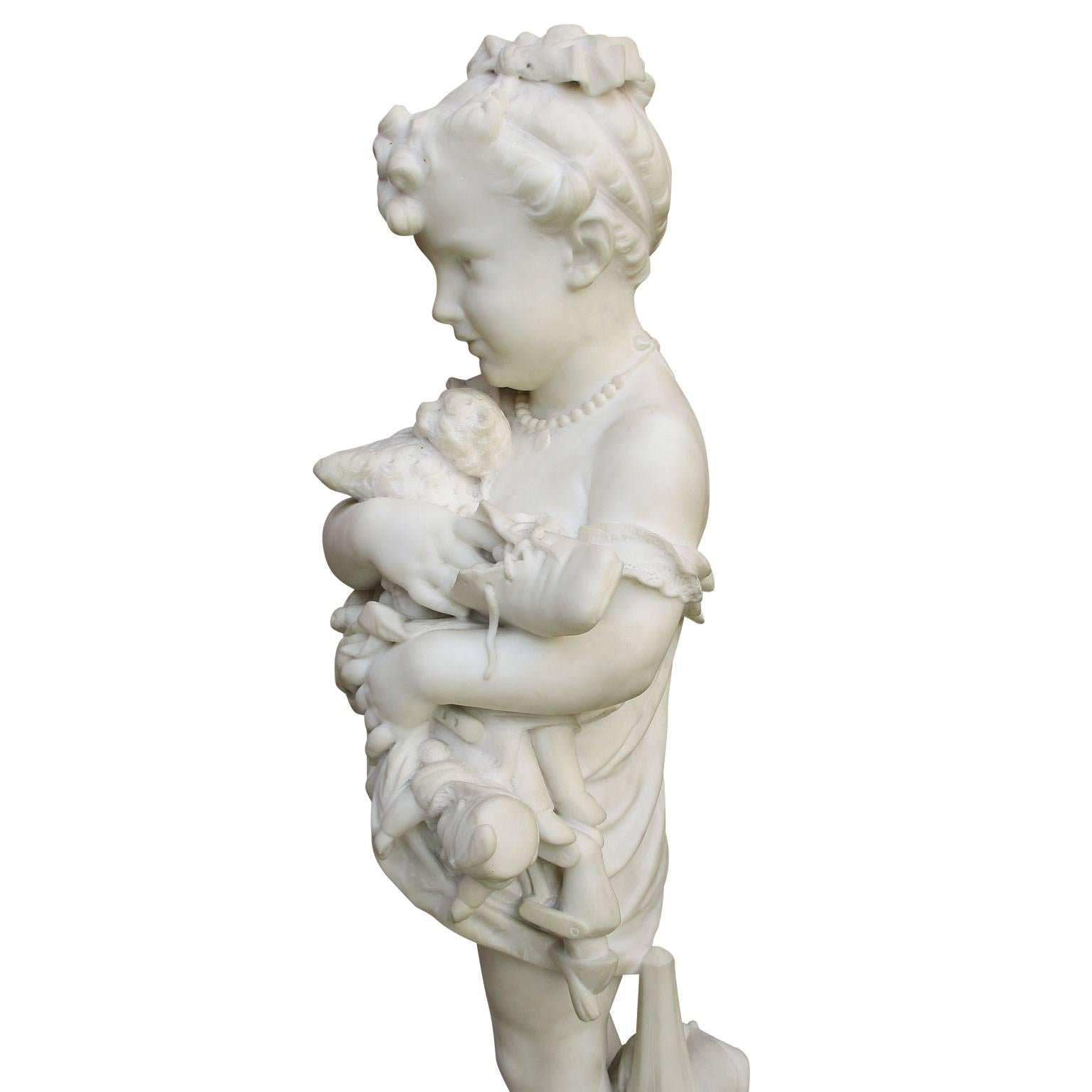 French Jeanne Itasse Marble Sculpture of a Girl with Toys 