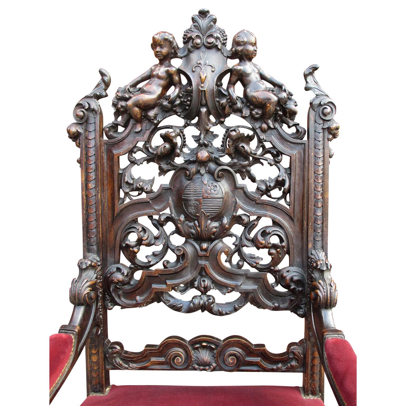 Néo-baroque Paire de fauteuils trônes italiens sculptés de style Renaissance du 19ème siècle en vente