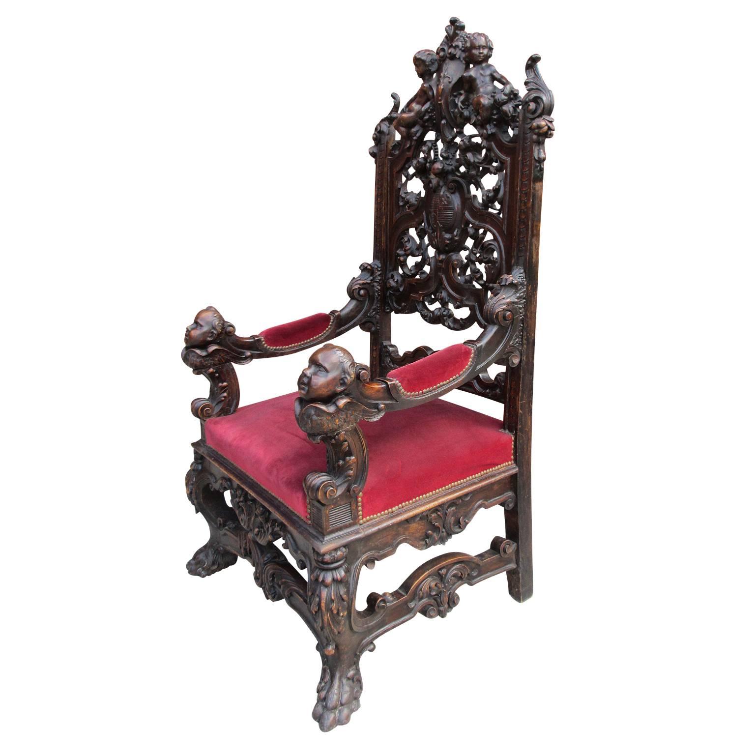 Paire de fauteuils trônes italiens sculptés de style Renaissance du 19ème siècle Bon état - En vente à Los Angeles, CA