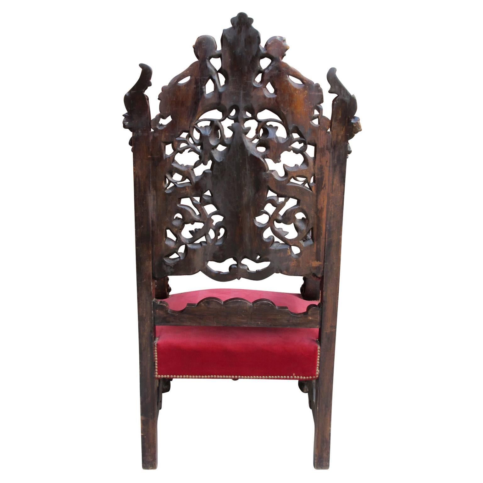 Velvet Pair of Italian 19th Century Renaissance Style Carved Figural Throne Armchairs For Sale