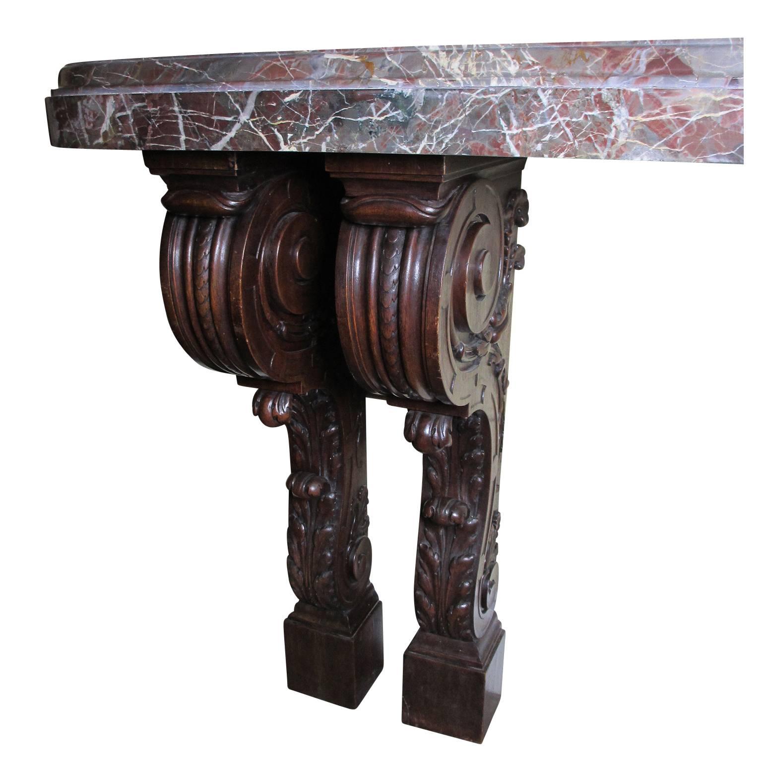 Baroque Revival French 19th Century Louis XV Style Barroque Carved Walnut Wall Console Table For Sale